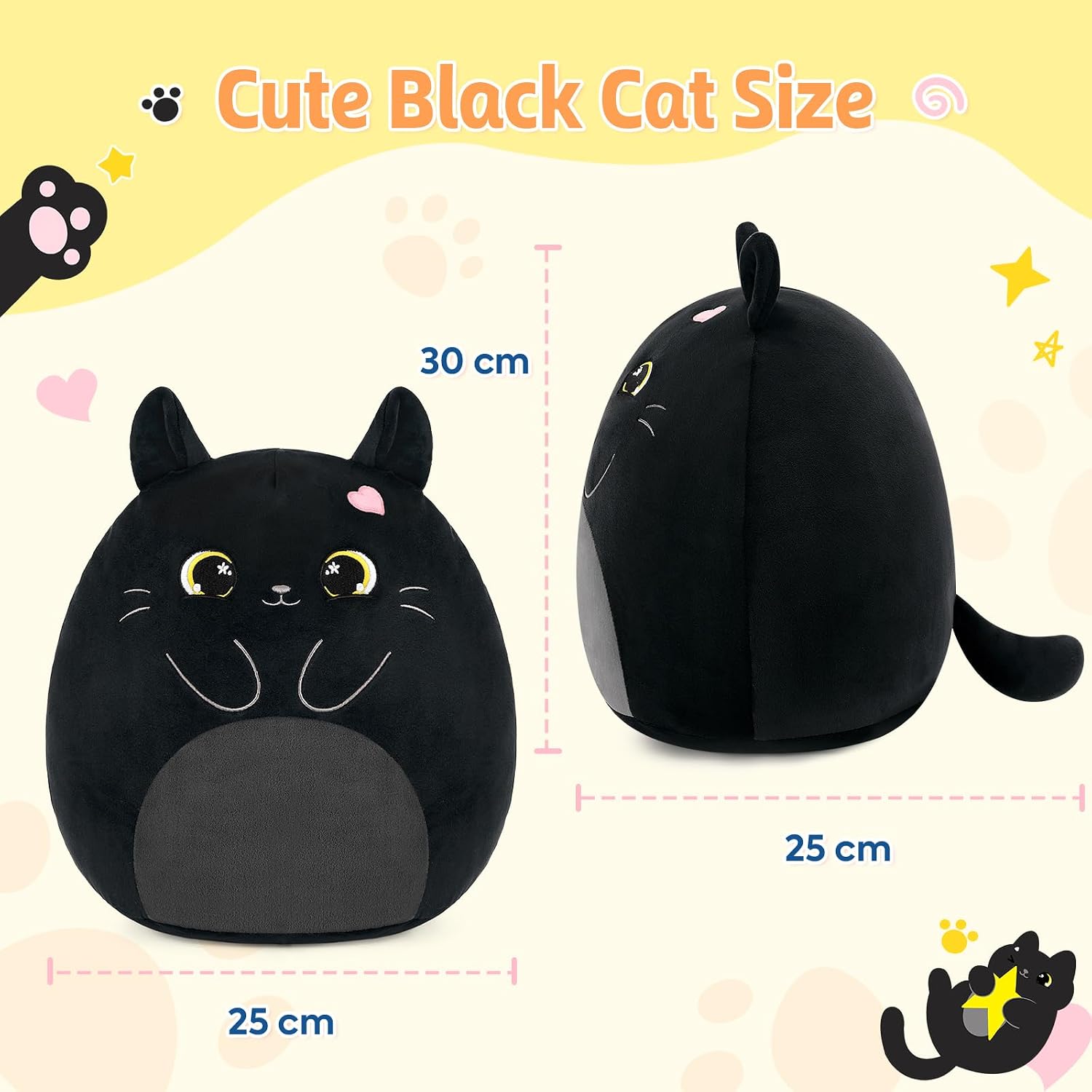 Detalle 2 de Shownicer Plüschtier Katze Schwarz – 30 cm Kuschelkissen, Weiches Plüschtier Katze