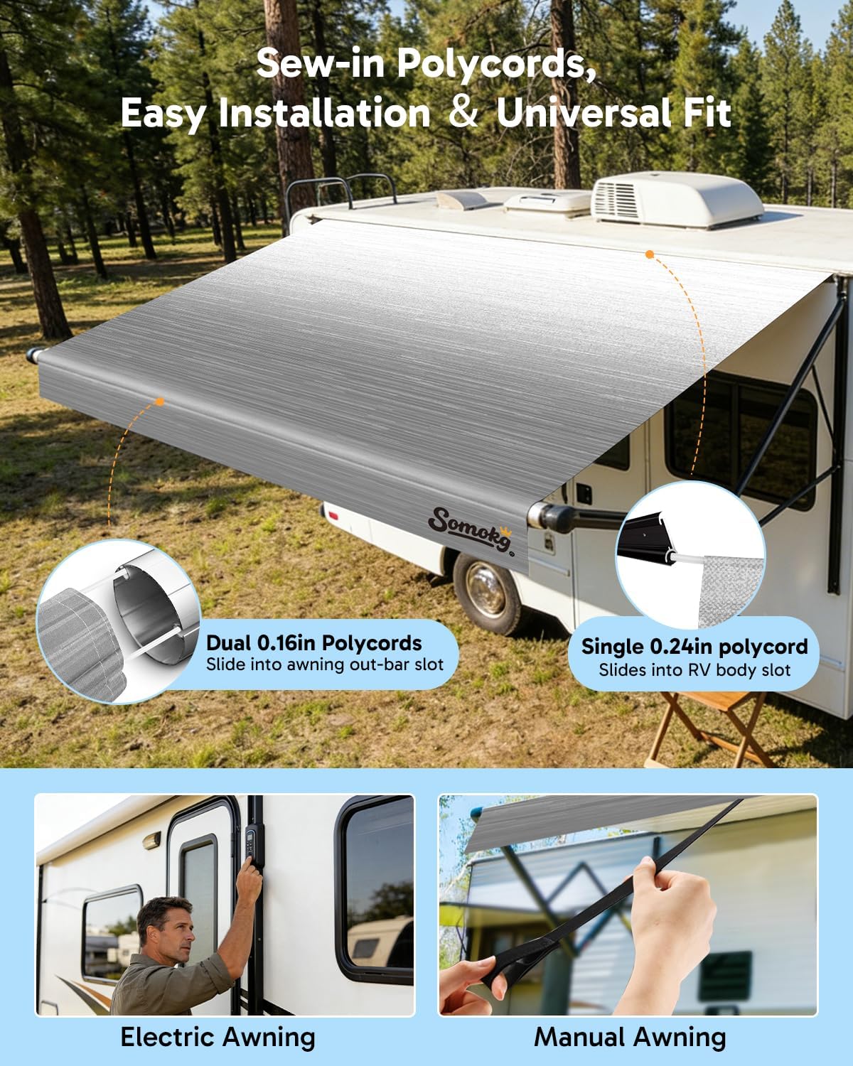 Thumbnail 5 de RV Awning Fabric Replacement (Graphite Gray) 19.5oz Heavy-Duty Vinyl Awning, Heat-Sealed Seamless DIY Canopy (14FT Fabric 13'2")