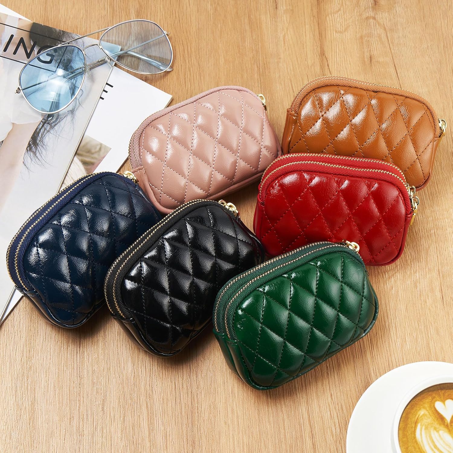 Thumbnail 5 de QIUTIMY Women’s Small Purse: Quilted Blue Artificial Leather Coin Wallet with Double Zips