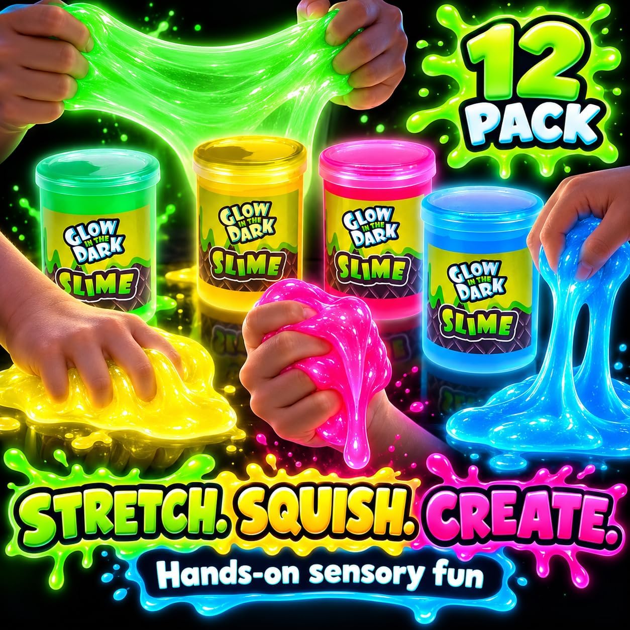 Detalle de Playbees Glow in the Dark Slime Kit, 12-Pack Party Favors in Four Colors