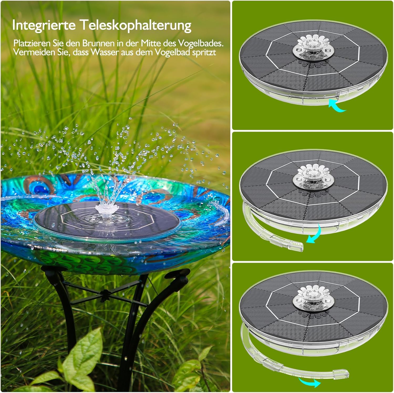 Thumbnail 3 de AISITIN 6,5W LED Solarbrunnen – Verstellbare Stützstange, 3000mAh Akku, buntes LED-Display für Vogelbad & Gartenteich