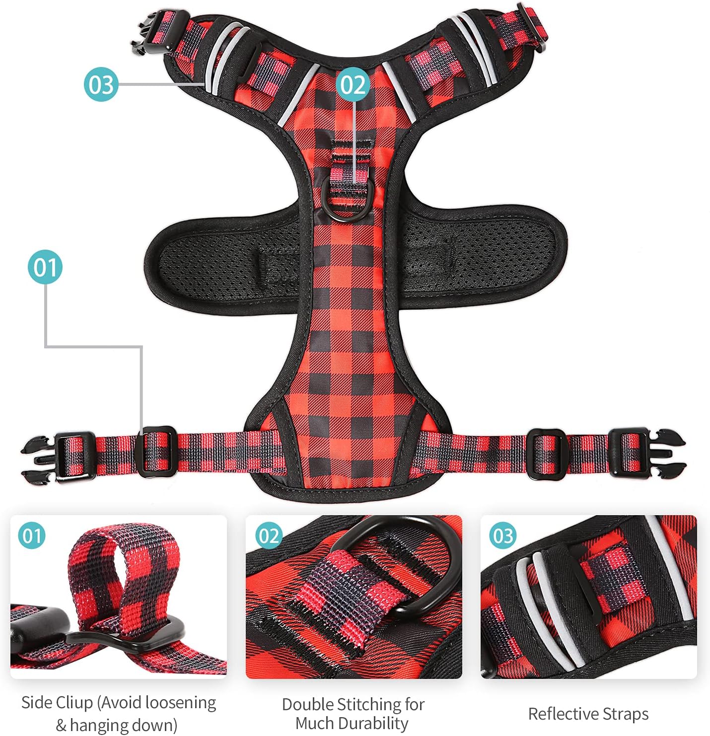 Detalle de HEELE Dog Harness No-Pull (Release on Neck) with Reflective Stripes & 2 Leash Attachments – XL