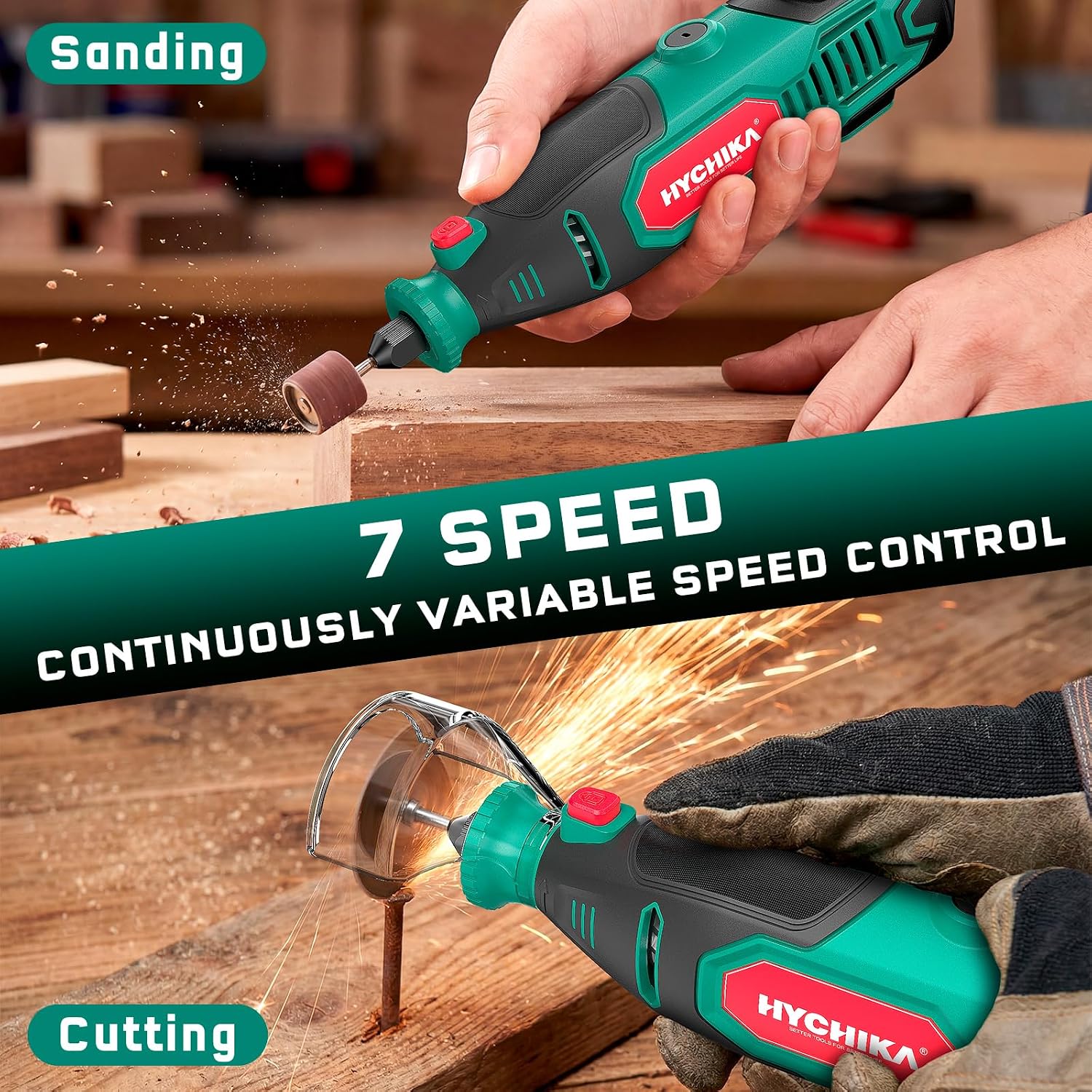 Detalle 2 de HYCHIKA Rotary Tool Kit with Chainsaw Sharpener – 150W, 7-Speed, 167 Accessories