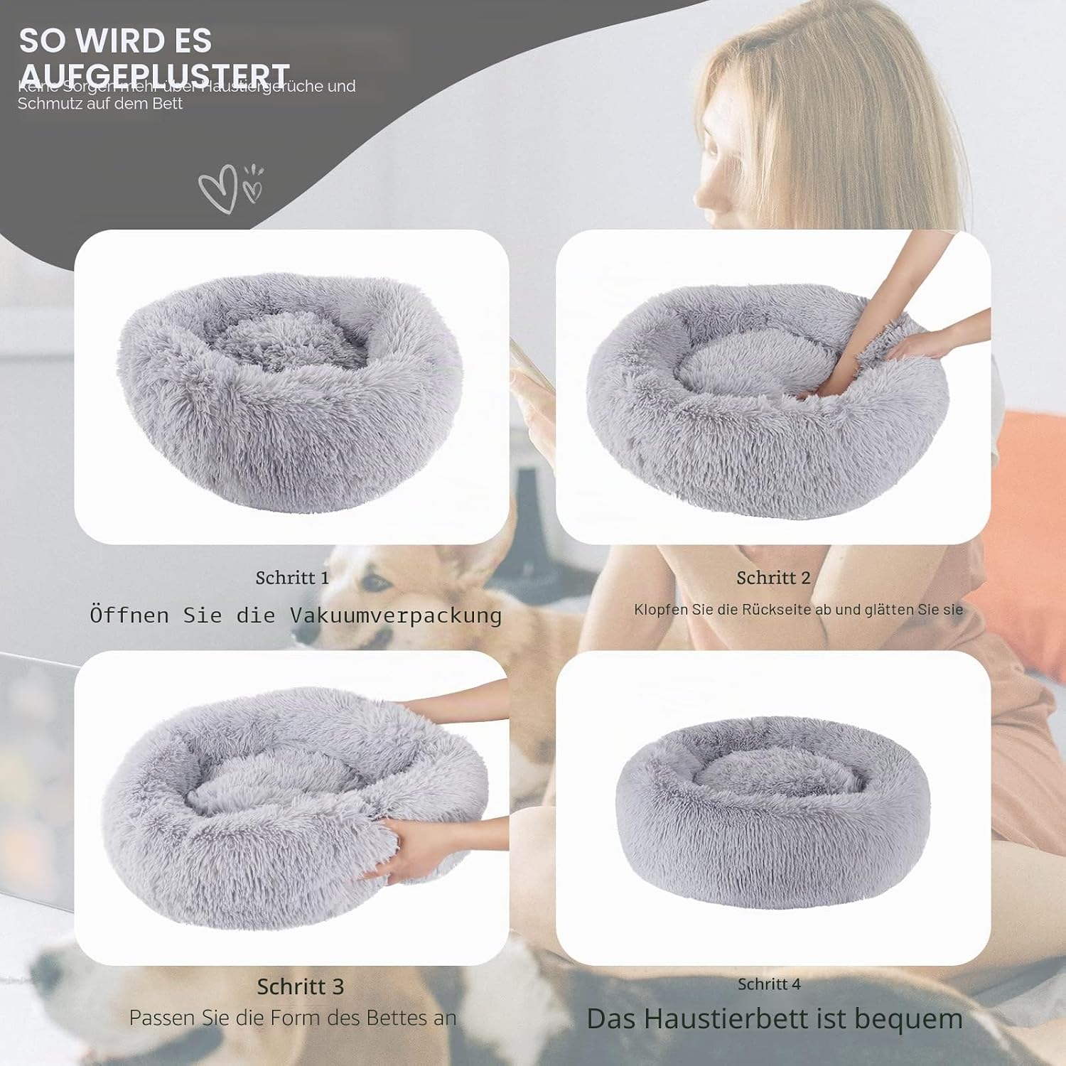 Detalle de BVAGSS Rundes Hundebett/Katzenbett Donut – Flauschig, Waschbar, 50 cm Durchmesser, Hellgrau