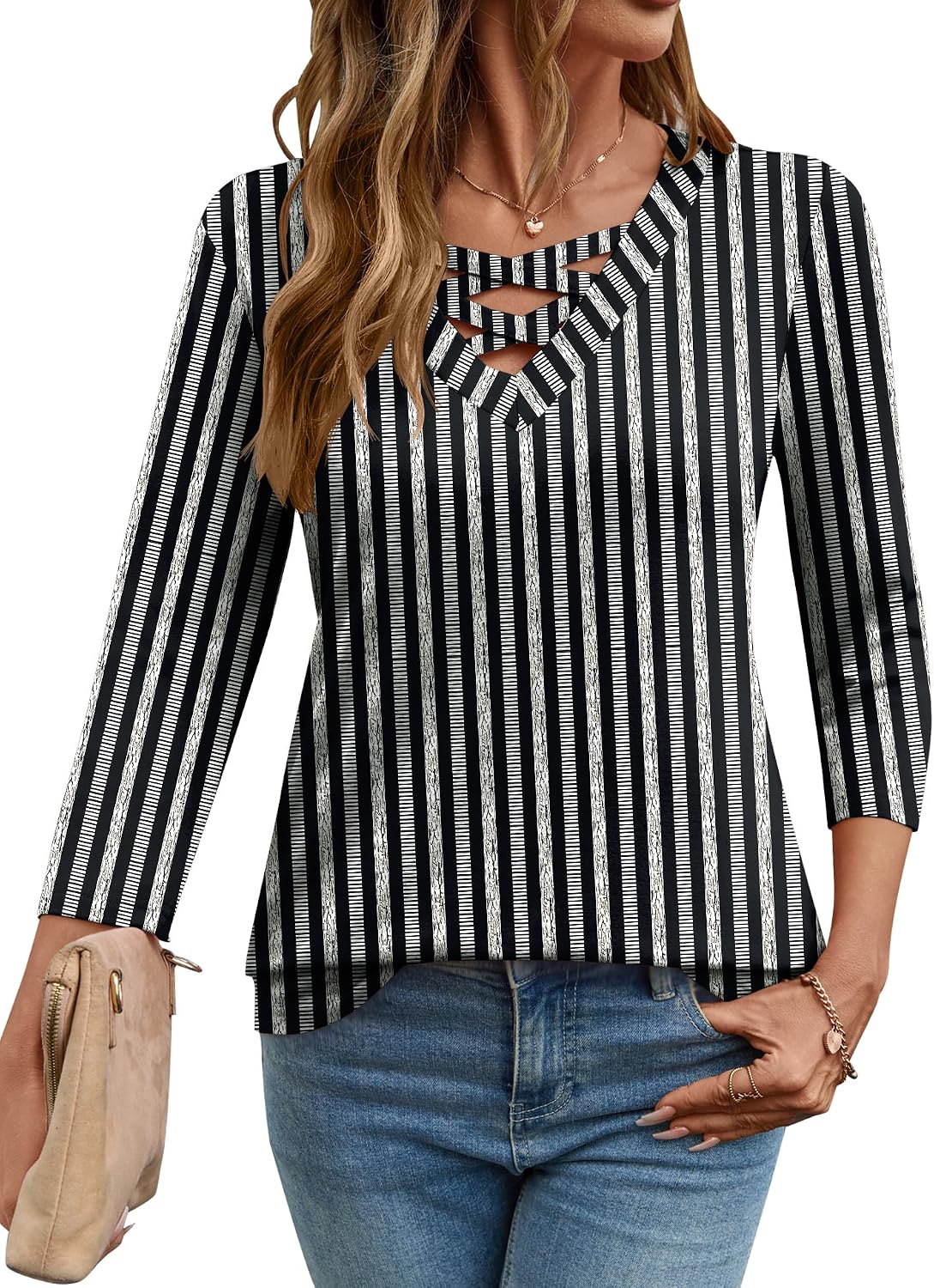 Thumbnail 1 de Rapbin Women Blouses Dressy Casual Spring Tops with 3/4 Sleeves and Criss-Cross V-Neck