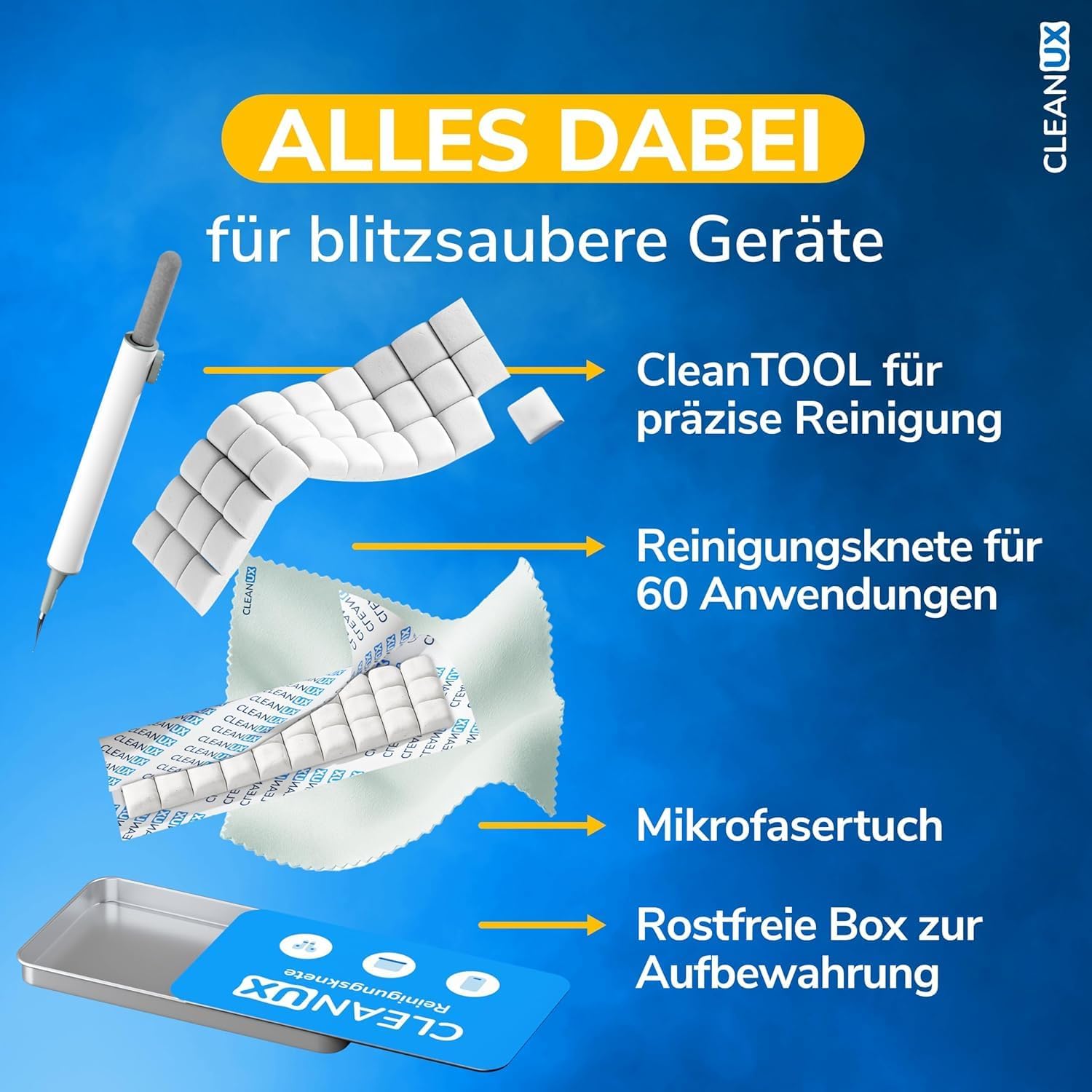 Thumbnail 5 de CLEANUX Reinigungsknete Handy Reinigungsset – iPhone-Zubehör, 60 Reinigungsknete-Portionen, Multifunktionswerkzeug & Mikrofasertuch