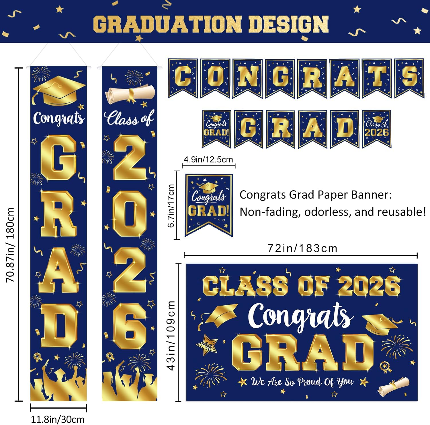 Detalle de LINHAXM 2026 Graduation Decorations Set (Navy Blue & Gold) — Congrats Grad Banner, Backdrop, Porch Sign, Balloons & More