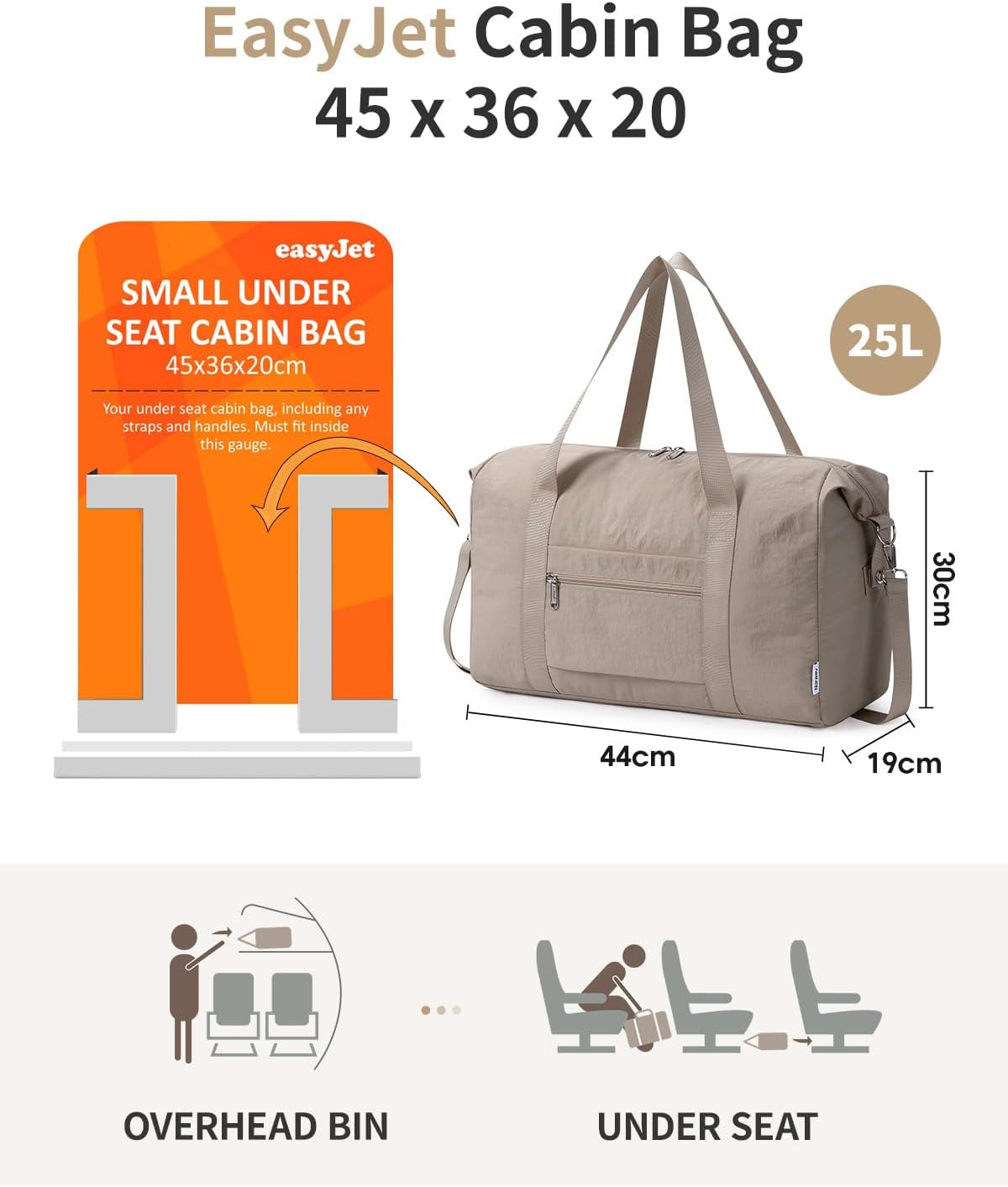 Detalle de Narwey EasyJet underseat cabin bag 45x36x20 (25L) – lightweight foldable travel holdall, khaki