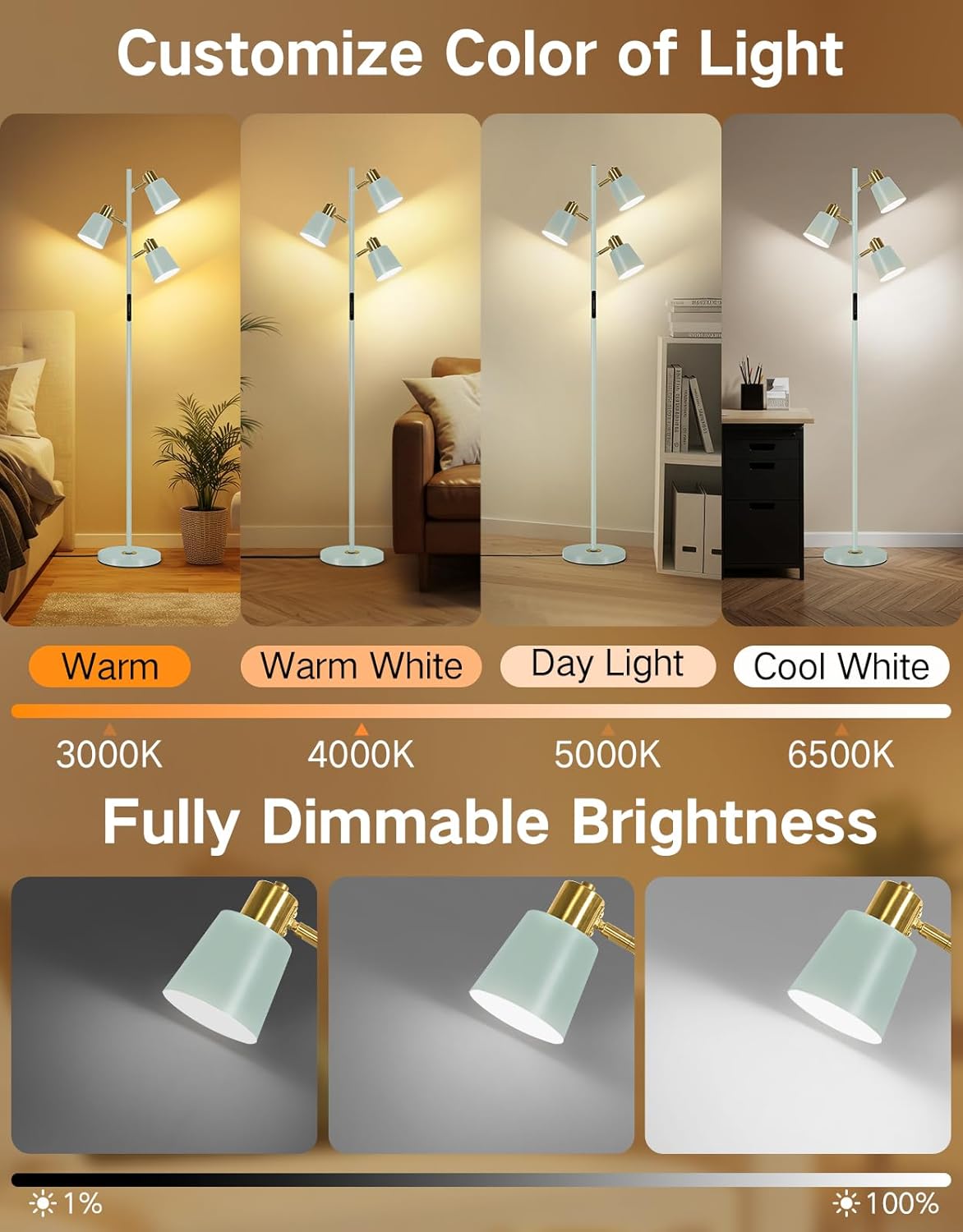 Thumbnail 1 de OUTON Lampada da Terra LED dimmerabile con telecomando e controllo touch, 36W, 4 temperature colore, 3 luci (ciano)