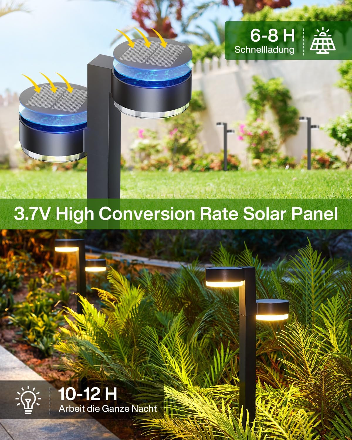 Detalle de GEARLITE Solarlampen für Außen Garten 4er-Set mit 2 Lichtköpfen, 24 LED und Auto On/Off (IP65)