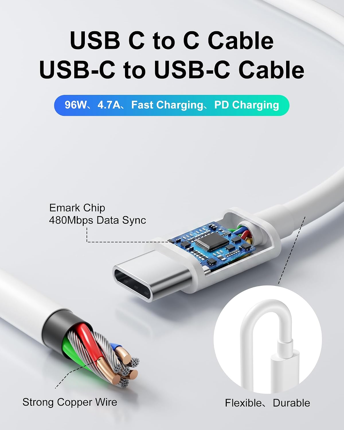 Detalle de 96W USB-C Fast Laptop Charger (MacBook Pro/Air compatible) with foldable plug and 1.8M USB-C cable