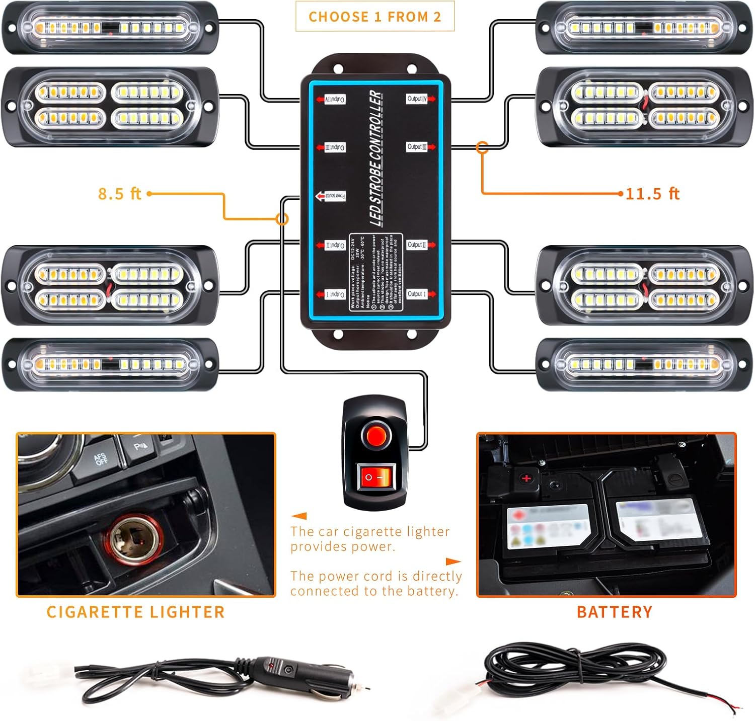 Detalle de BooYu 8-pcs Sync Feature LED Emergency Strobe Lights Bar w/ Controller (Amber/White)