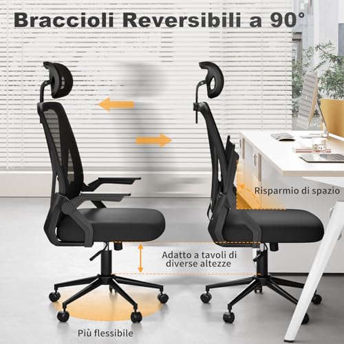 Thumbnail 6 de naspaluro Sedia da Ufficio con Braccioli Ribaltabili a 90° e Schienale in Rete 3D, Nero