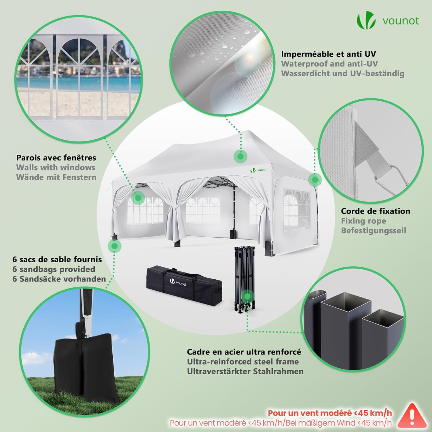 Thumbnail 5 de VOUNOT 3mx6m Pop Up Gazebo with 6 Removable Sidewalls & 6 Weight Bags – White