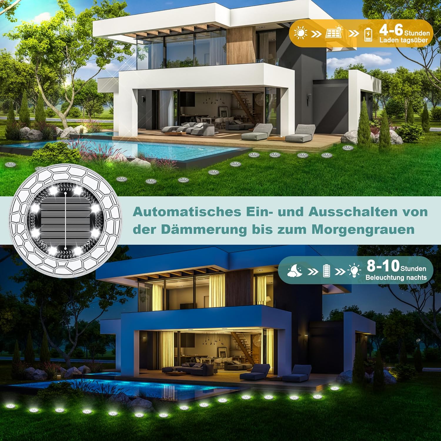 Thumbnail 2 de FIFlying solar garden ground lights (10-pack) – cold white 8 LED stone design, IP65 stainless steel