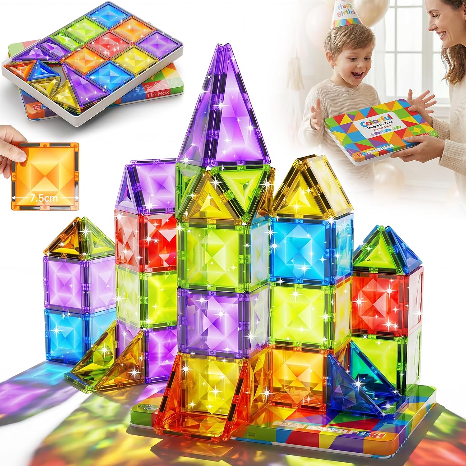 Detalle de STEM MATCH Diamond Magnetic Building Tiles, 48-Piece Set with 7.5cm Tiles and Tin Box