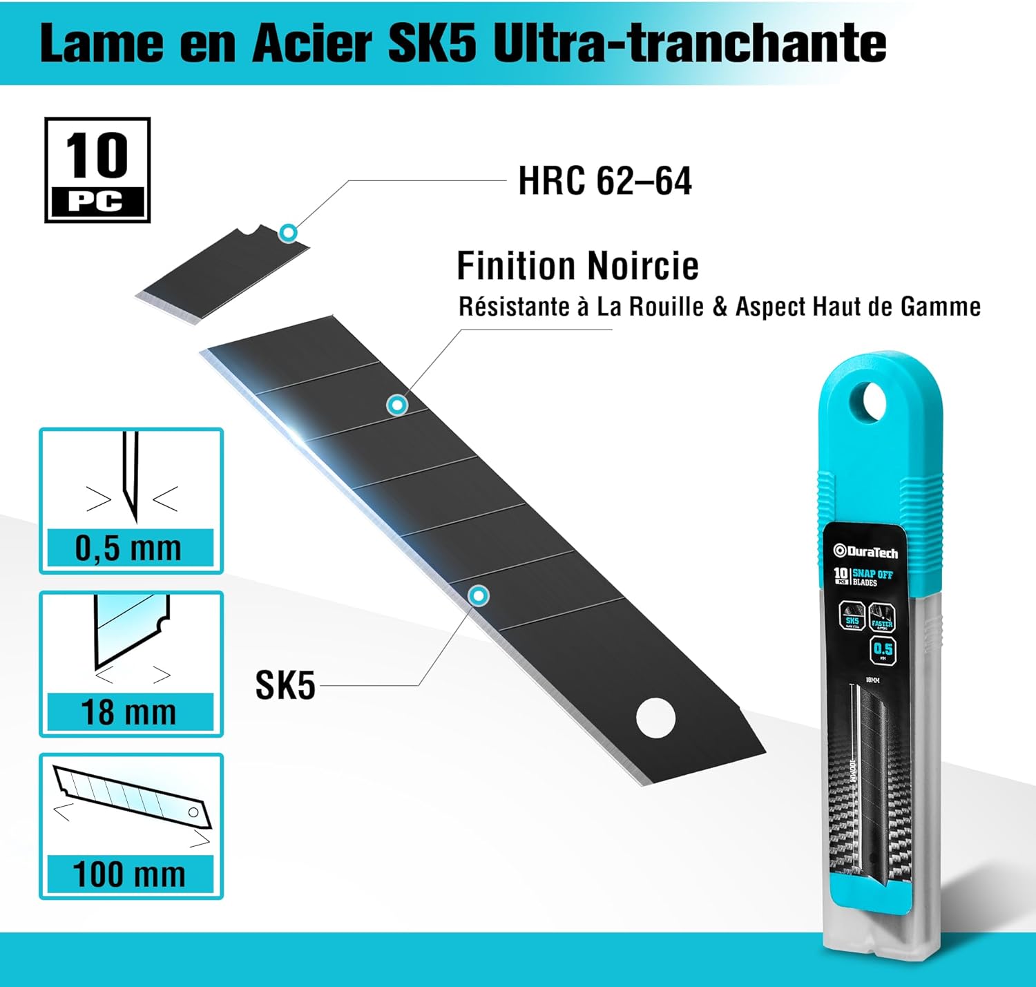 Detalle de DURATECH Cutter Professionnel 18 mm avec 10 lames SK5 – précision et confort pour papier, carton et bricolage