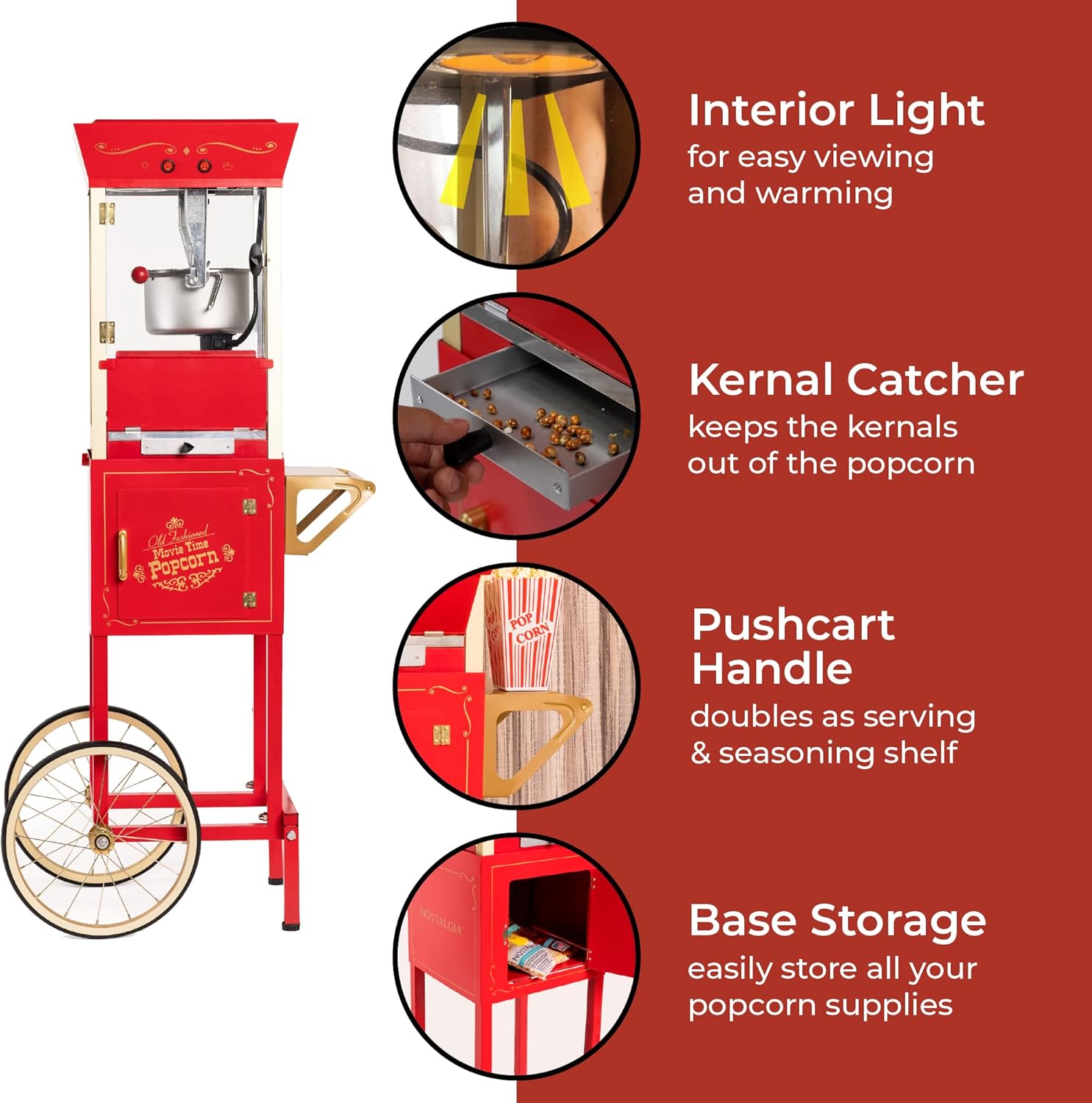Detalle de Nostalgia Popcorn Maker Machine – Professional Cart with 8 oz Kettle (32 Cups) – Vintage Theater Style in Red