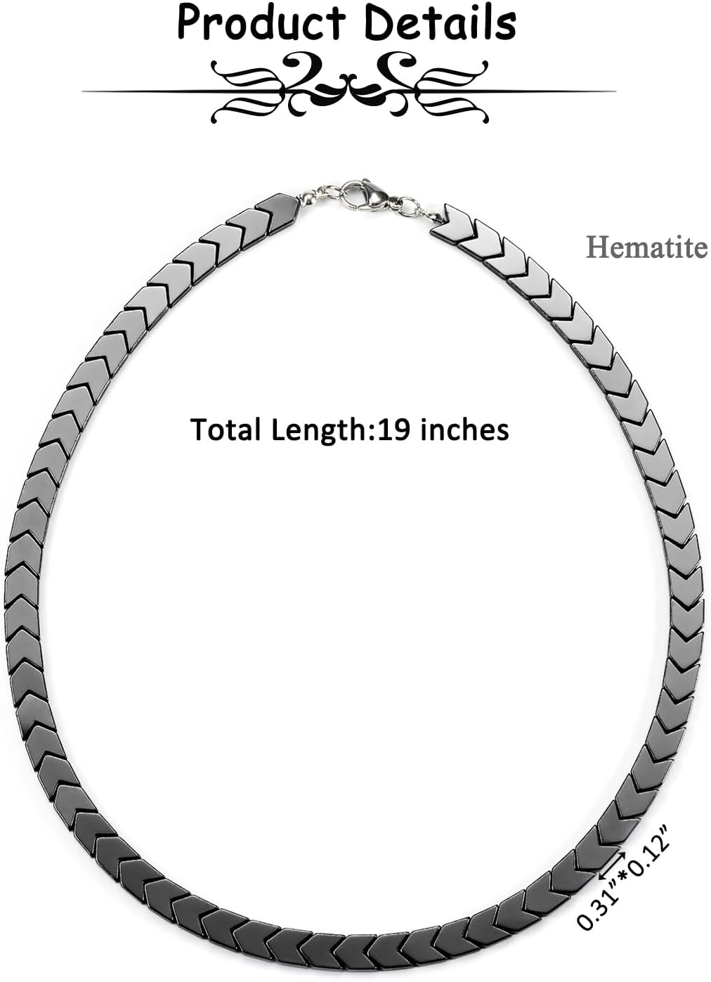 Detalle 2 de PiercingJak Hämatit Kette – 8 mm Schwarz 48 cm Pfeil Glieder Halskette mit Karabinerverschluss
