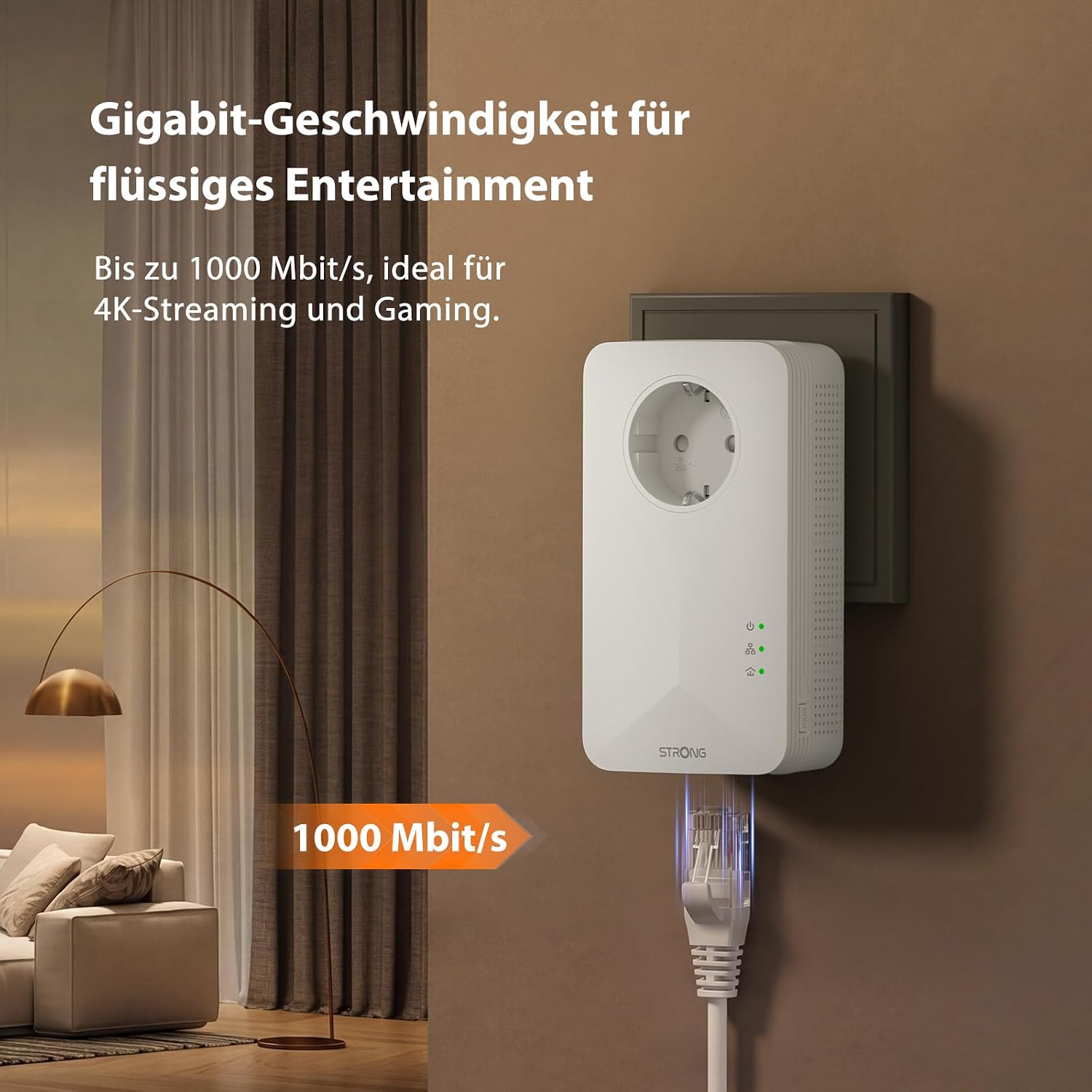 Detalle de STRONG AV1000 Powerline-Adapter-Set mit HomePlug AV2 – Gigabit LAN über die Stromleitung, Plug & Play