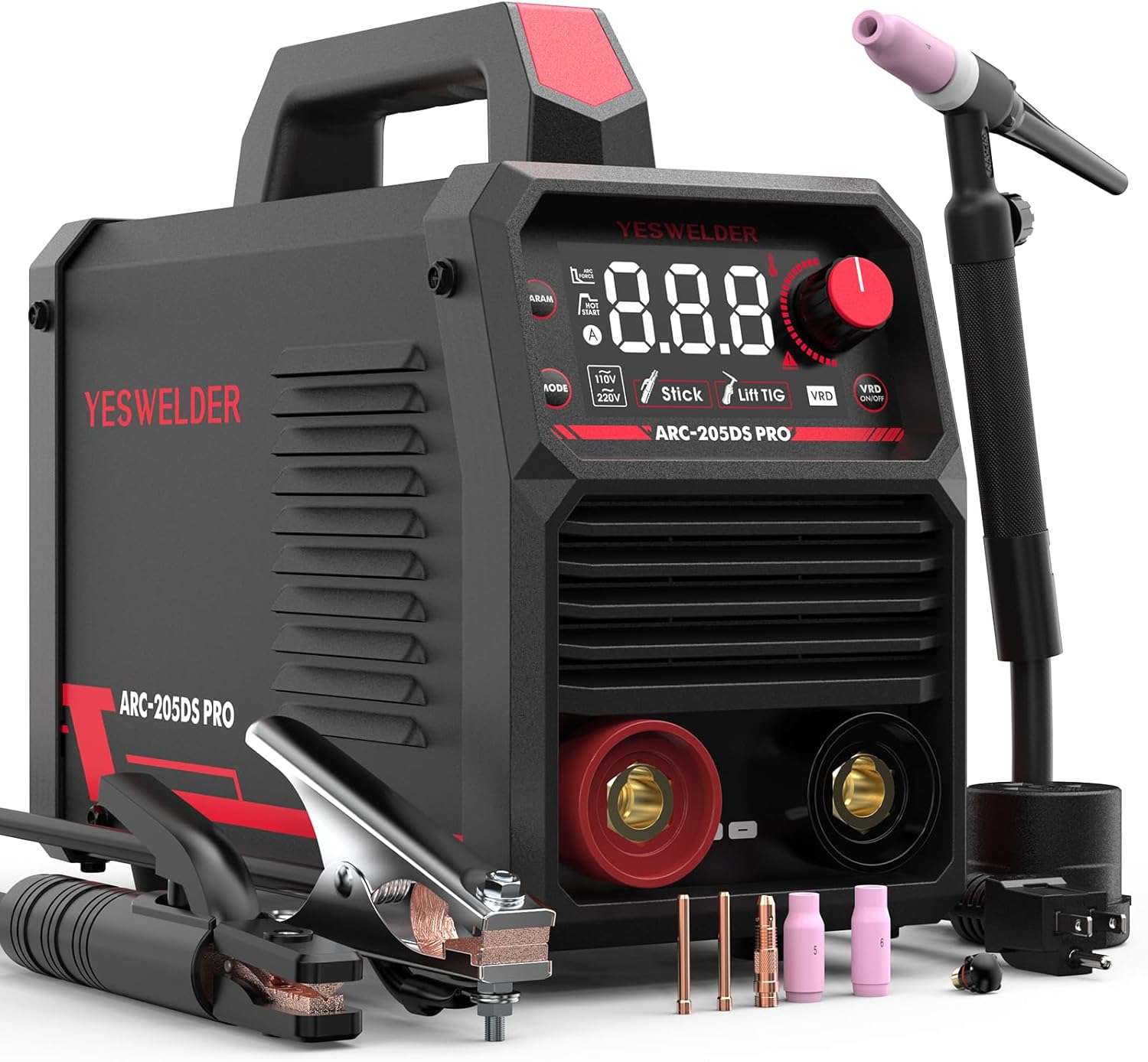 YESWELDER 205Amp Stick Welder with Large LED Display and Lift TIG Torch
