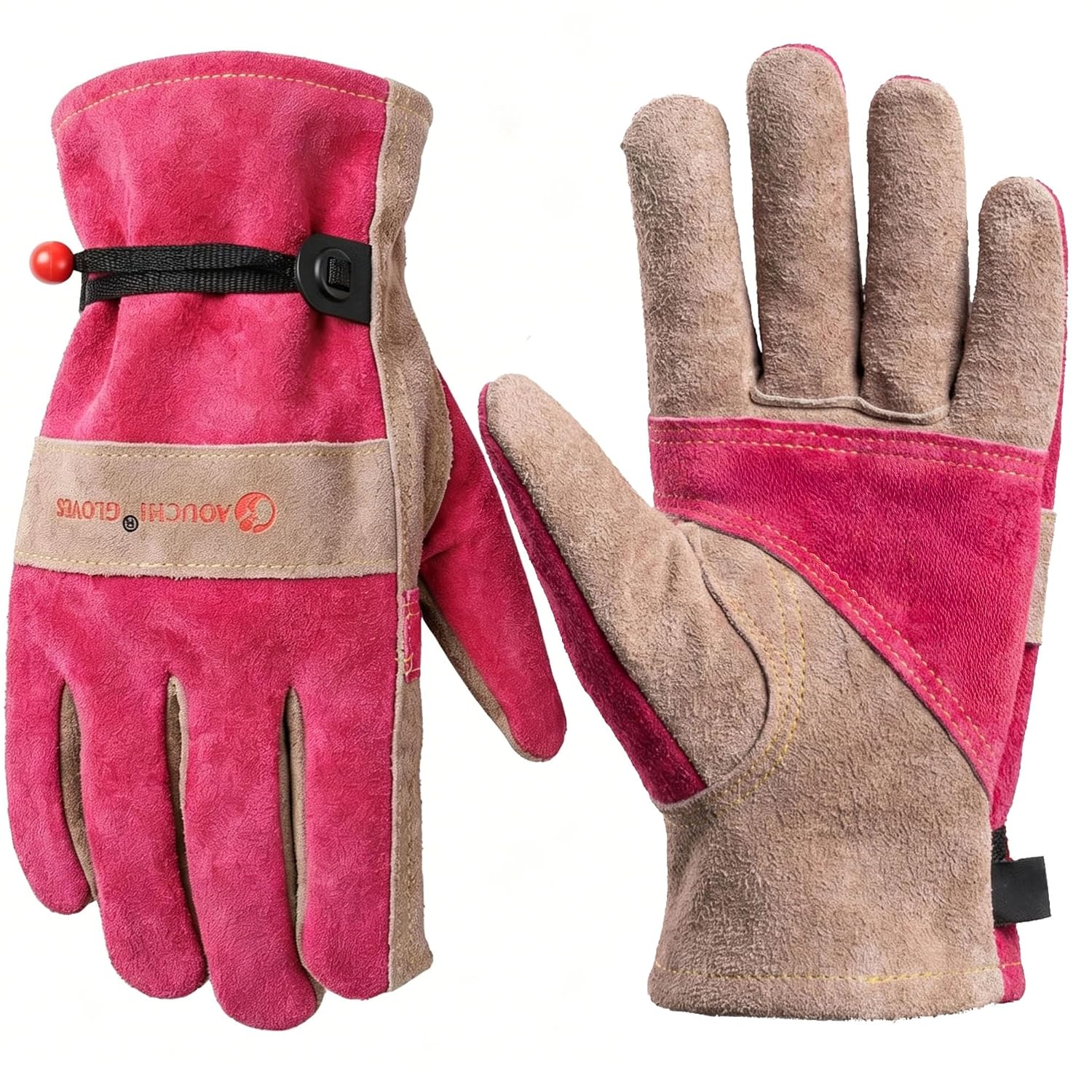 AOUCHI Women’s Cotton Lined Leather Work Gloves – Rose Trimming, Flexible Cowhide, Medium