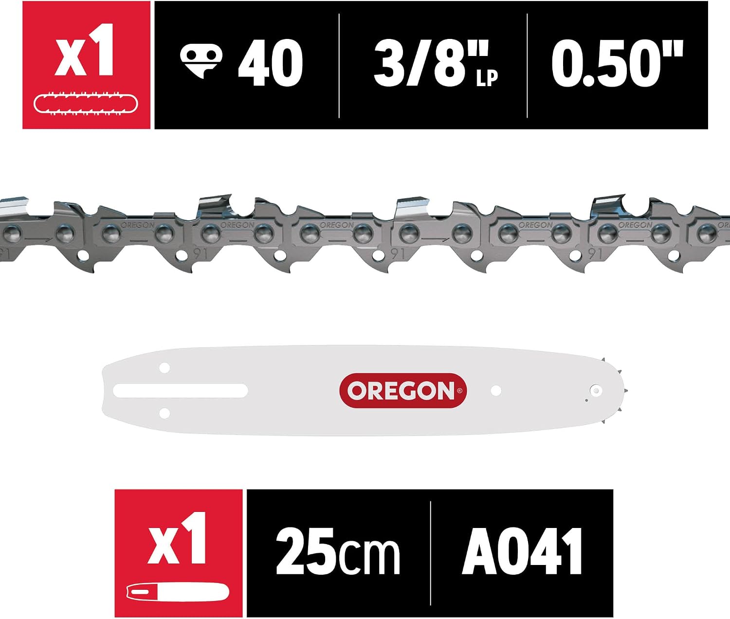 Detalle 2 de Oregon A041 Catena 3/8" LP 1,3 mm 40 maglie e barra 25 cm ⛏