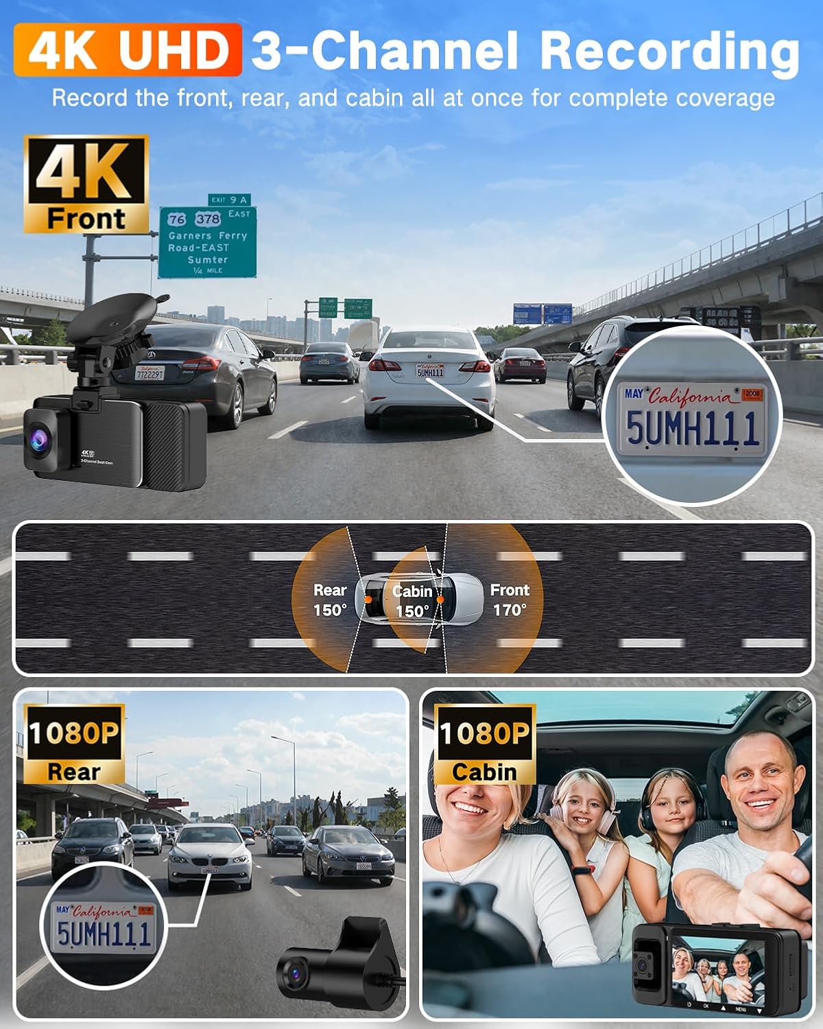 Thumbnail 1 de WECOOL 4K UHD Dash Cam 3-Channel