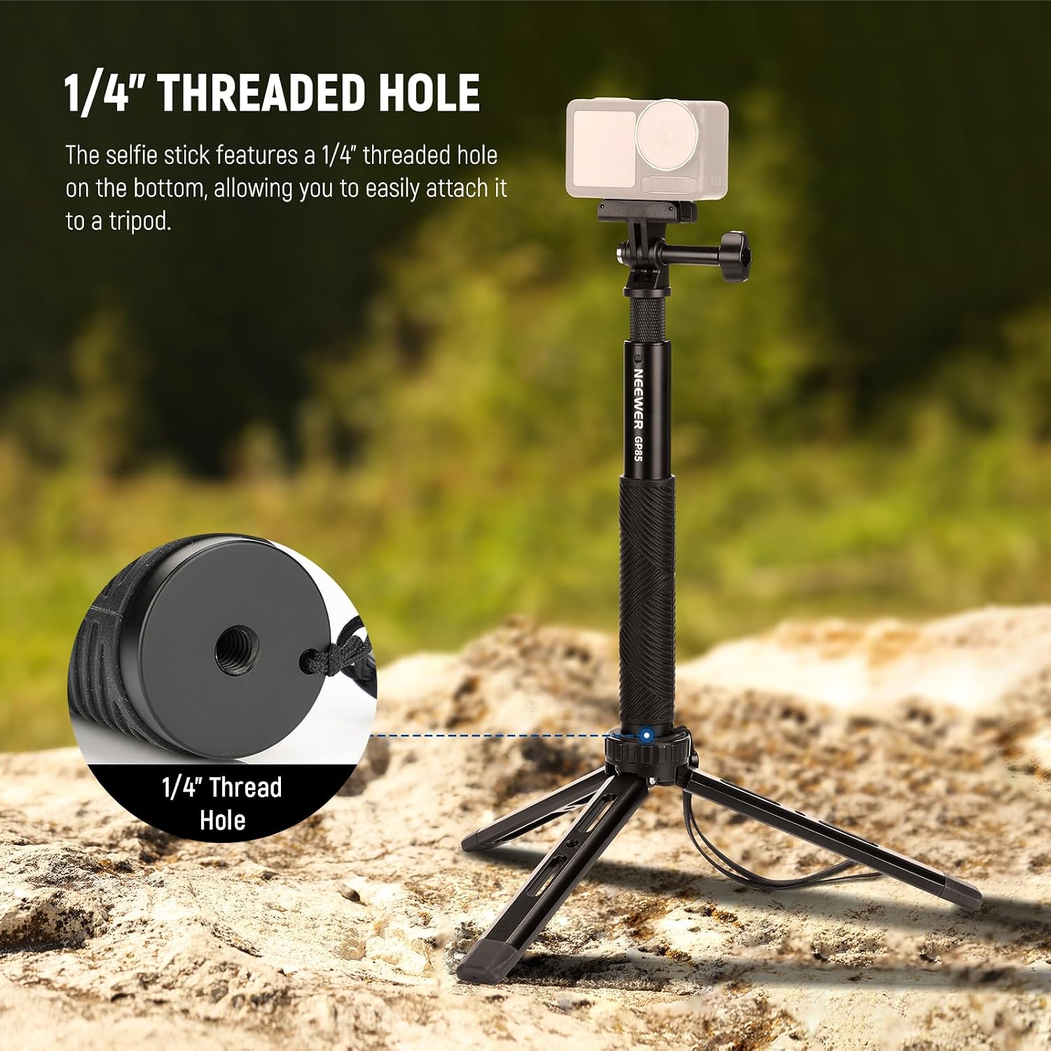 Detalle de NEEWER GP-85 Extension Rod Kit: 47.6" invisible selfie stick for action cameras with quick release mount