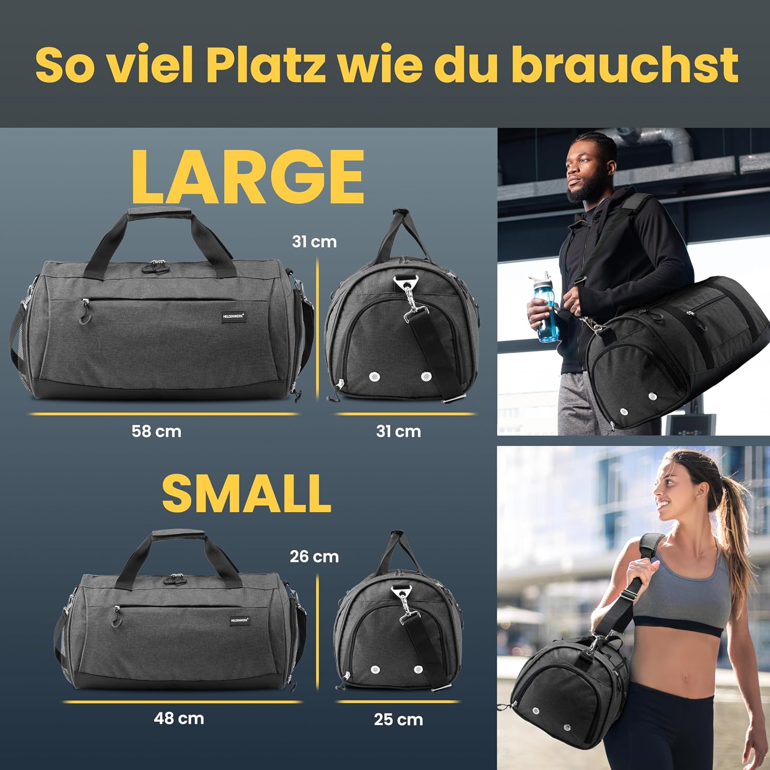Detalle de Heldenwerk Sporttasche & Reisetasche klein mit Schuhfach und Nassfach (für Damen und Herren)