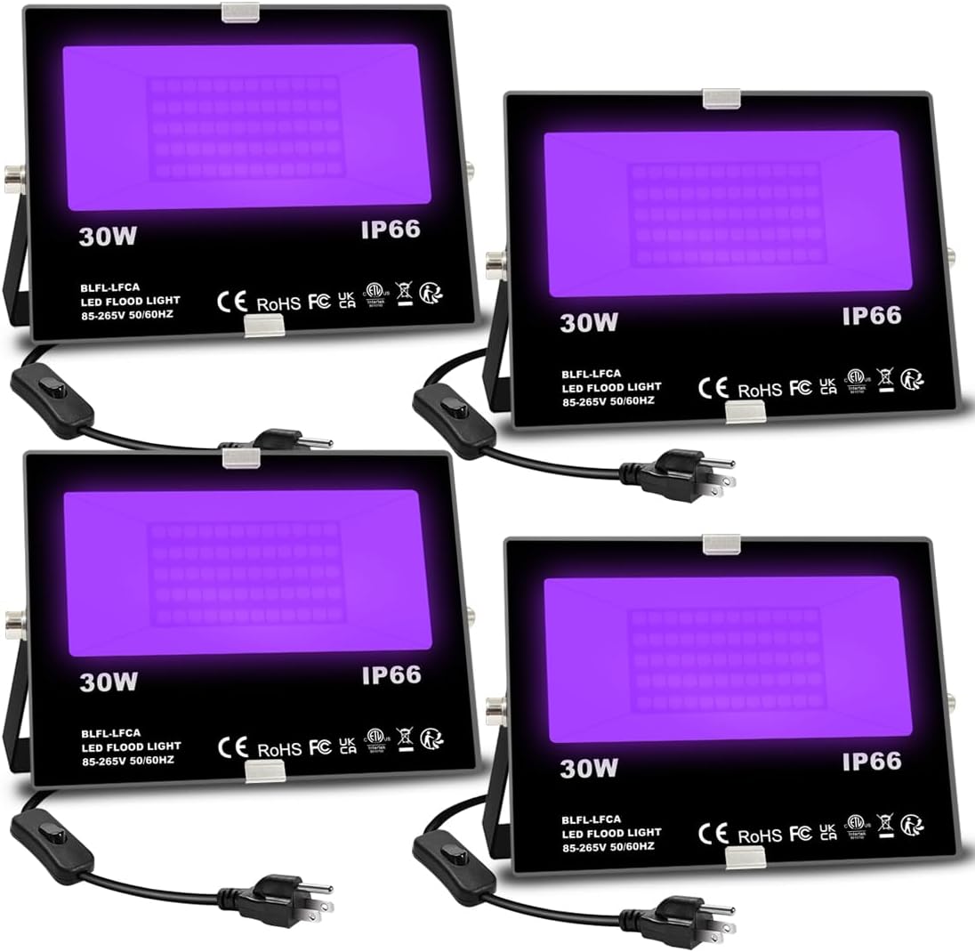 Detalle de MELPO 30W LED Black Light Flood Lights, 4-Pack, IP66, 390–395 nm