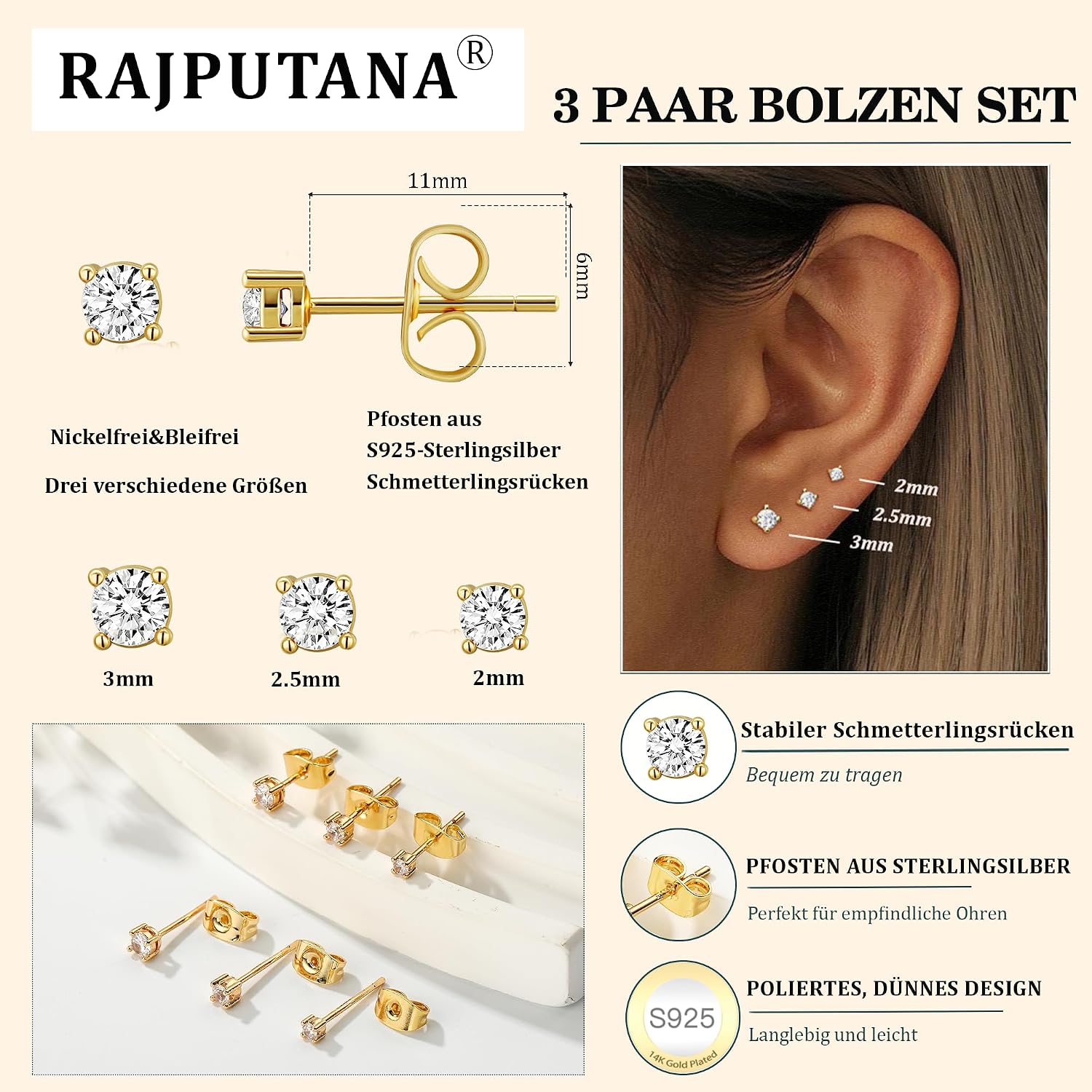 Thumbnail 3 de RAJPUTANA Kleine Ohrstecker 3 Paare 925 Silber 14K Vergoldet
