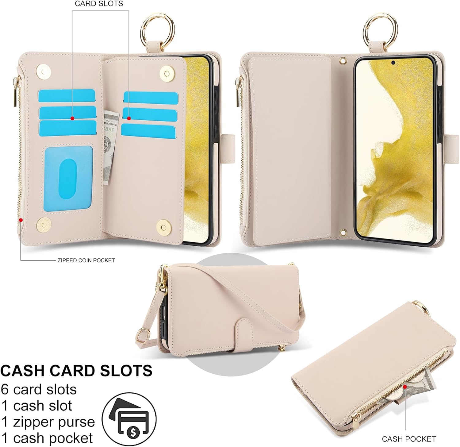 Thumbnail 2 de Asuwish Snap Wallet Case with Crossbody Strap and Tempered Glass for Samsung Galaxy S22 Plus 5G