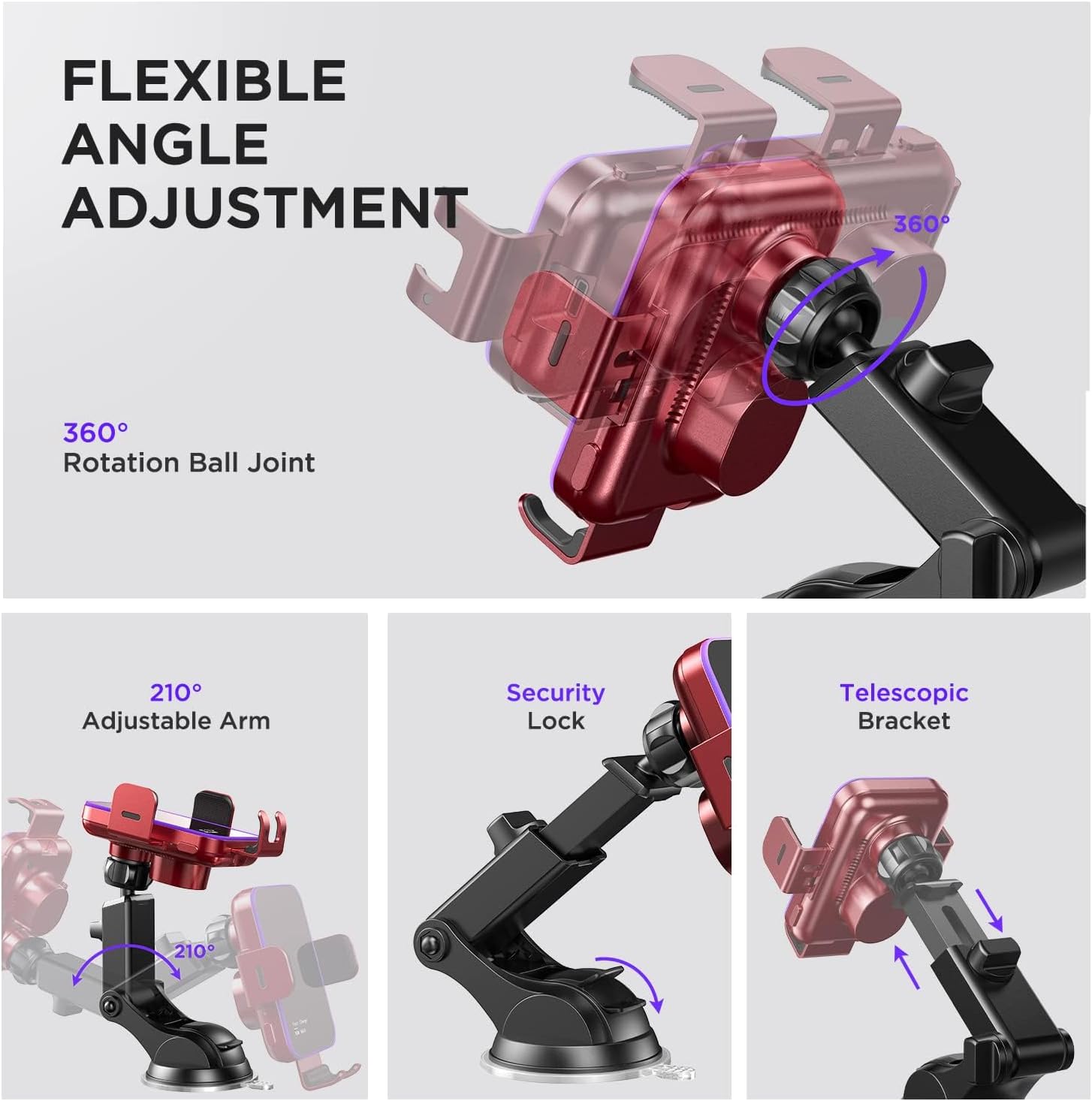 Thumbnail 6 de MOSURR 15W Wireless Charging Car Phone Holder with RGB Backlit Auto-Clamp (Red)