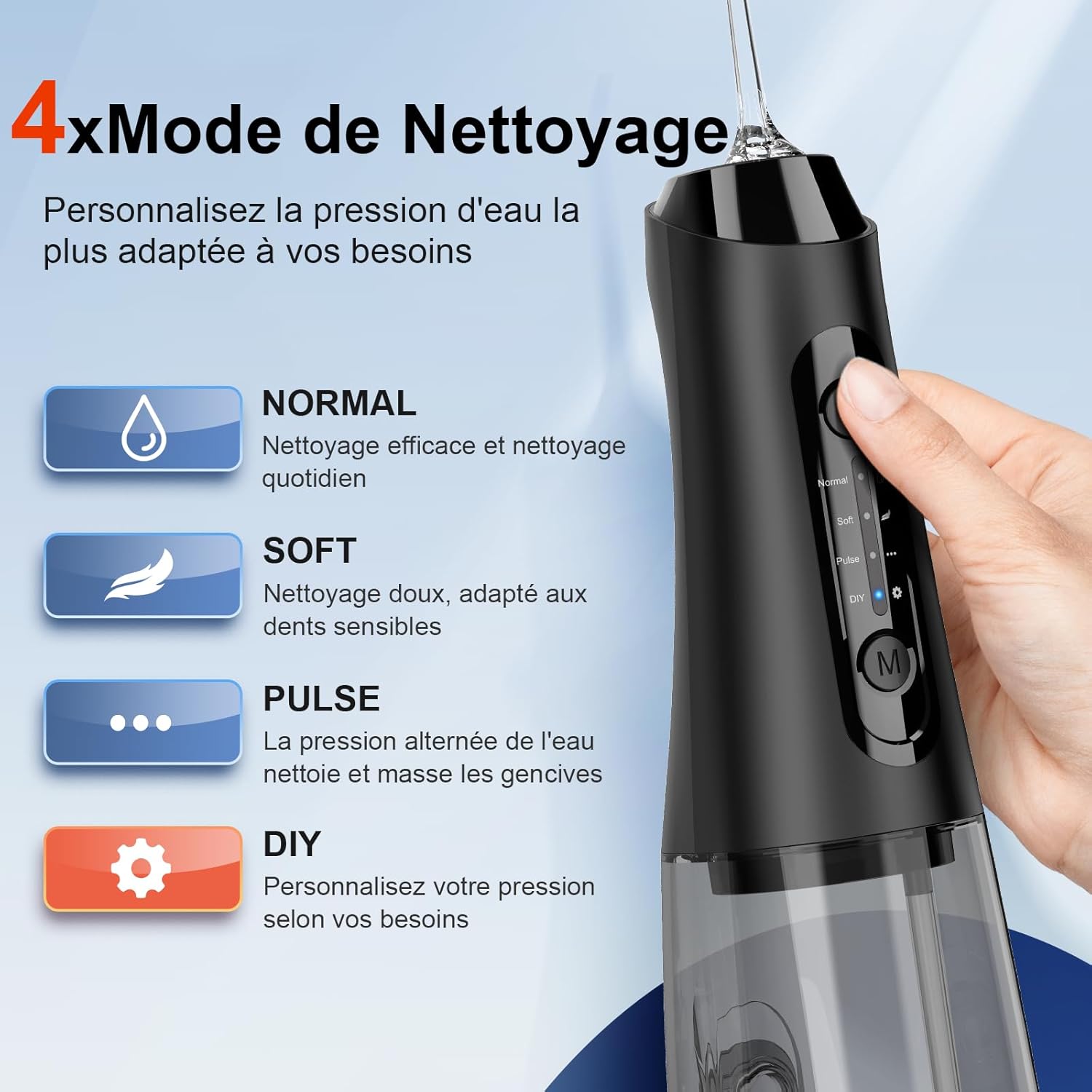 Detalle de Hydropulseur Jet Dentaire 320ML – 4 modes, 5 buses, IPX7, autonomie jusqu’à 40 jours