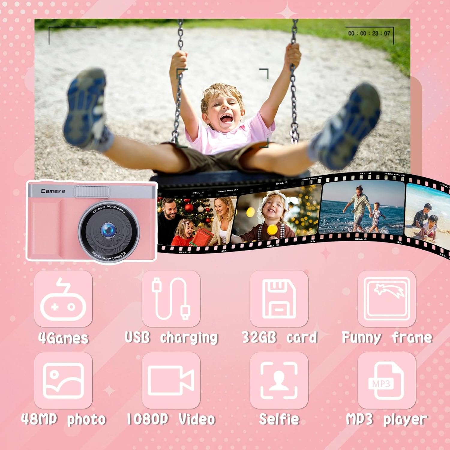 Thumbnail 4 de fceoul Appareil Photo Enfant 1080P 30MP avec écran rabattable 180° – 32 Go inclus, zoom 5X, cadeau idéal pour ado
