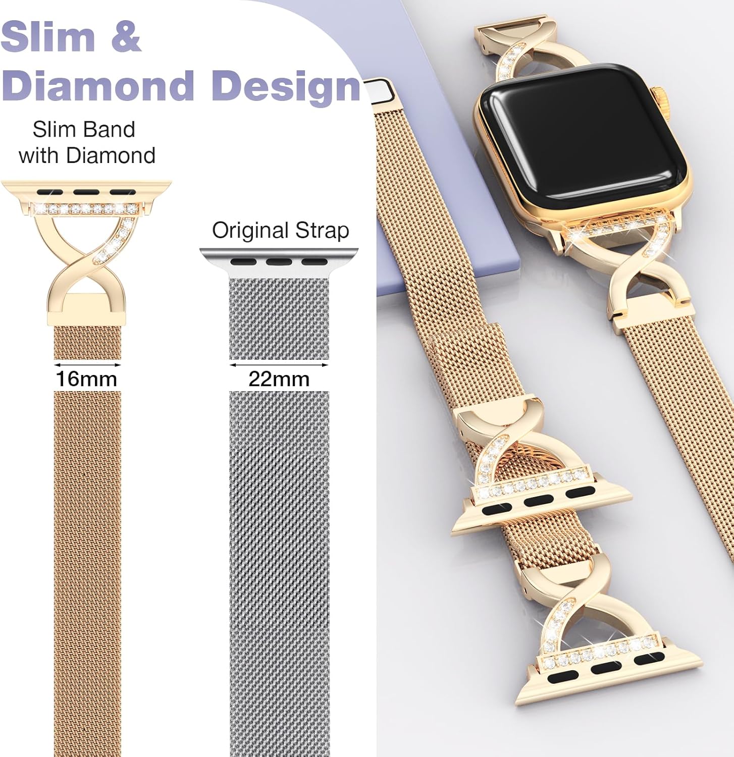Thumbnail 2 de BRG Thin Mesh Loop X-Shape Diamond Clasp Stainless Steel Magnetic Band for Apple Watch (Women’s, 38/40/41/42mm)