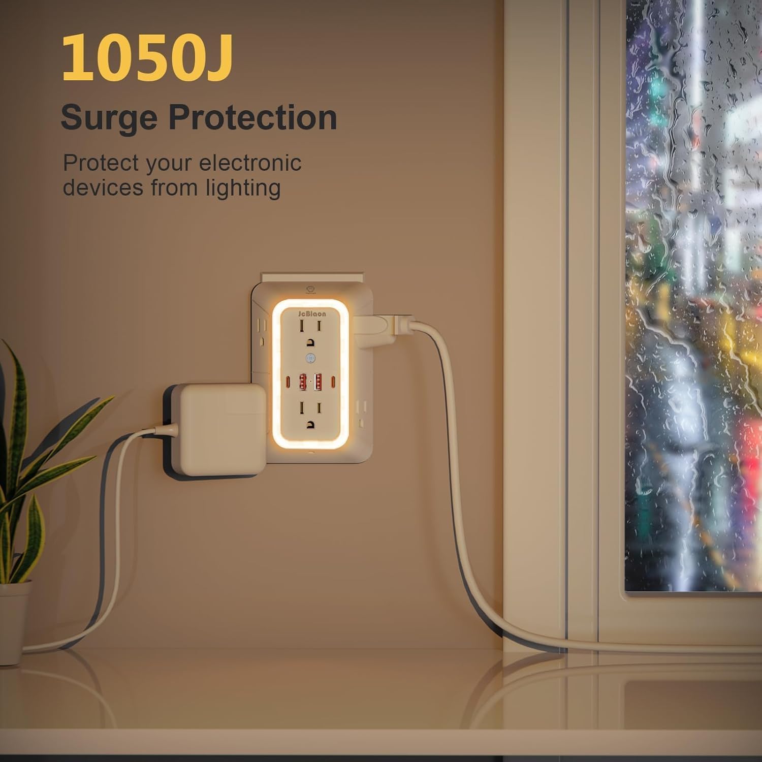 Detalle de 3 Pack Outlet Extender with Night Light: 6-Outlet Surge Protector with 2 USB-A and 2 USB-C Ports (3-Sided, 1050J) – ETL