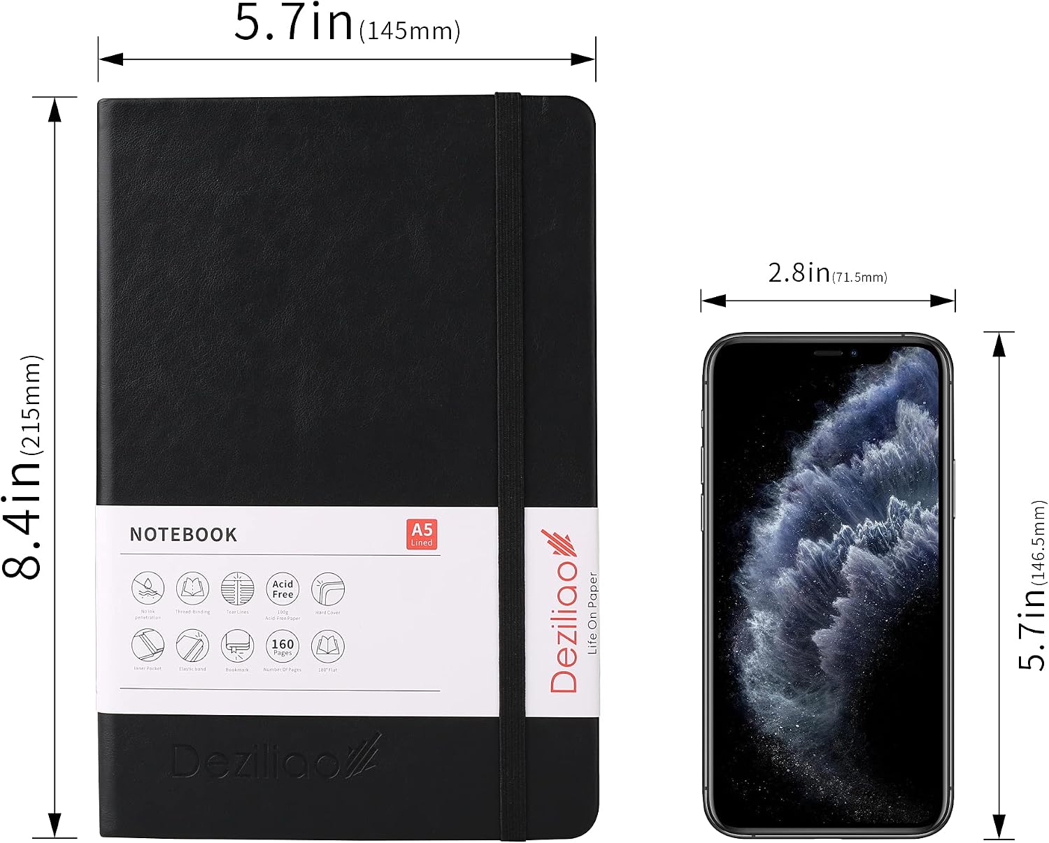 Thumbnail 5 de Deziliao D0005 Hardcover Notebook, A5, 100 gsm Ruled Paper, Black