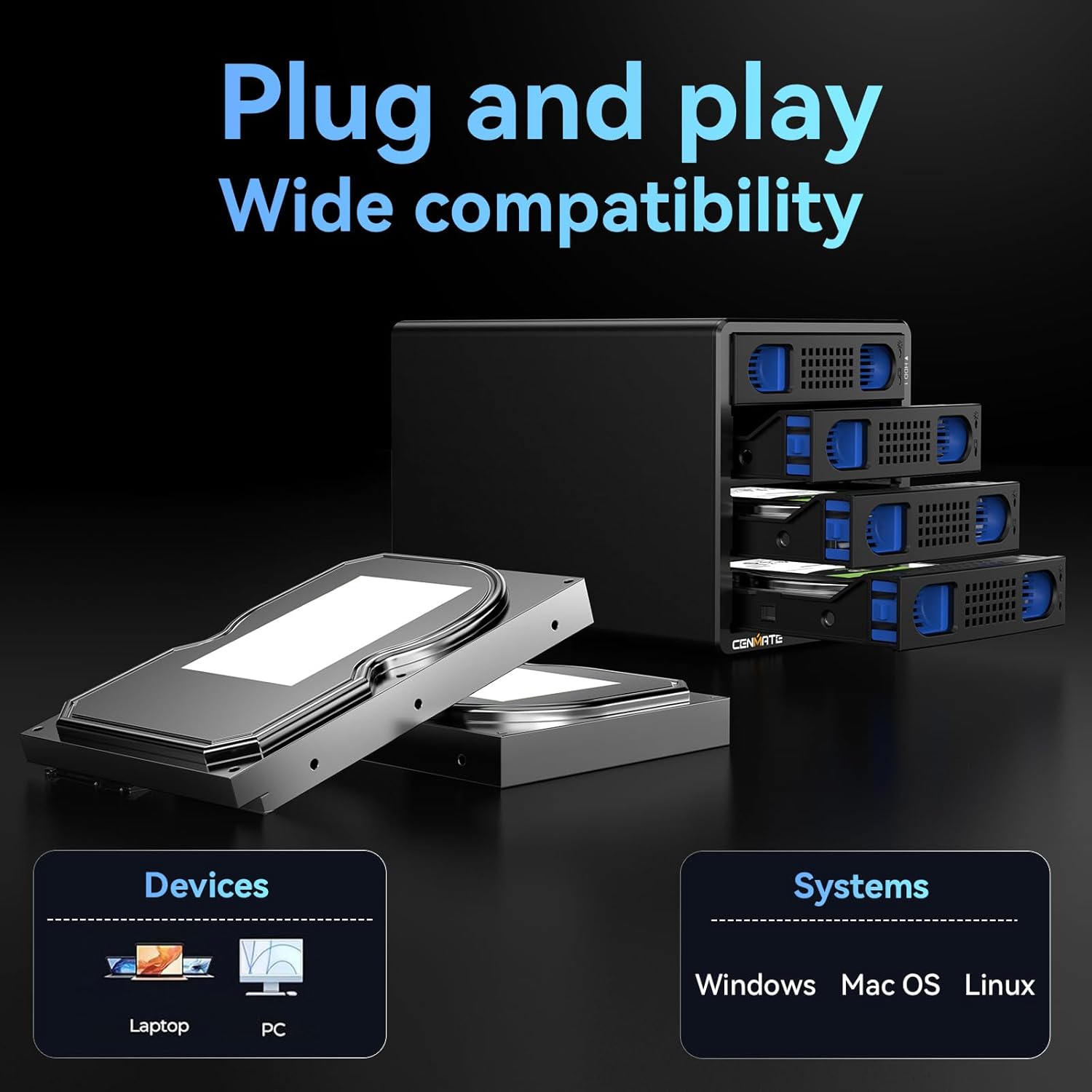 Thumbnail 5 de cenmate 4-Schacht Festplattengehäuse für 2,5/3,5" SATA HDD/SSD mit Lüfter und USB 3.0 (USB A/C)