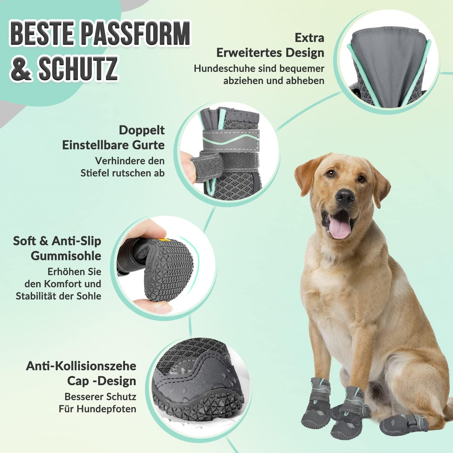 Thumbnail 4 de Eyein Hundeschuhe Pfotenschutz – atmungsaktiv, rutschfeste Sohle, reflektierender Klettverschluss (4 Stück, Dunkelgrau, Größe 3)