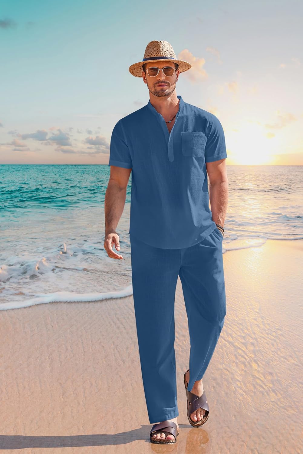 Detalle de COOFANDY Men's 2-Piece Cotton Linen Set: Casual Henley Shirt + Beach Yoga Pants
