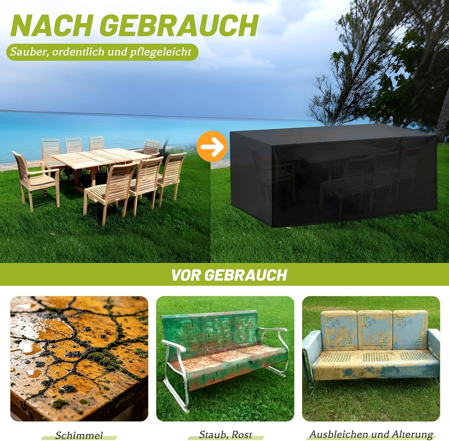 Detalle de Aipwerer Abdeckung Gartenmöbel Wasserdicht – 213x132x72 cm, Schwarz, 420D Schutzhülle