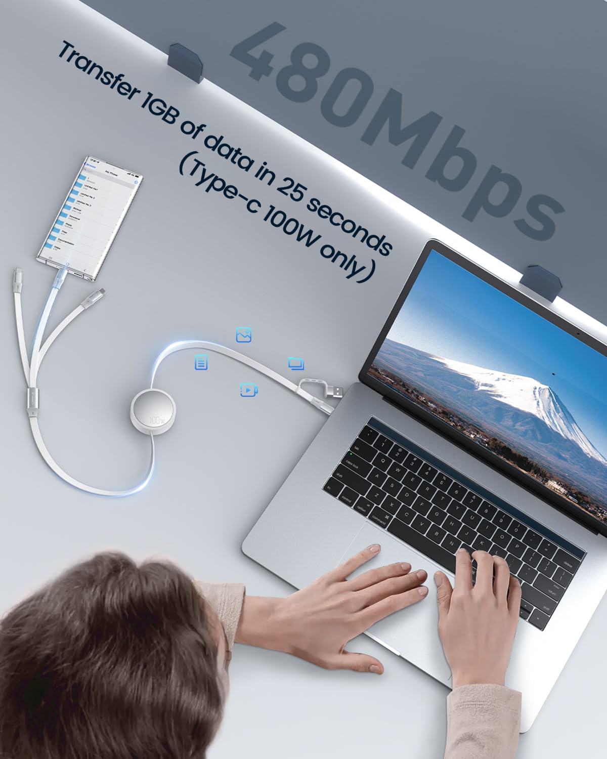 Thumbnail 6 de CAFELE 100W Retractable 3-in-1 USB-C Cable with PD3.1/QC5.0 – 130cm Extendable, White