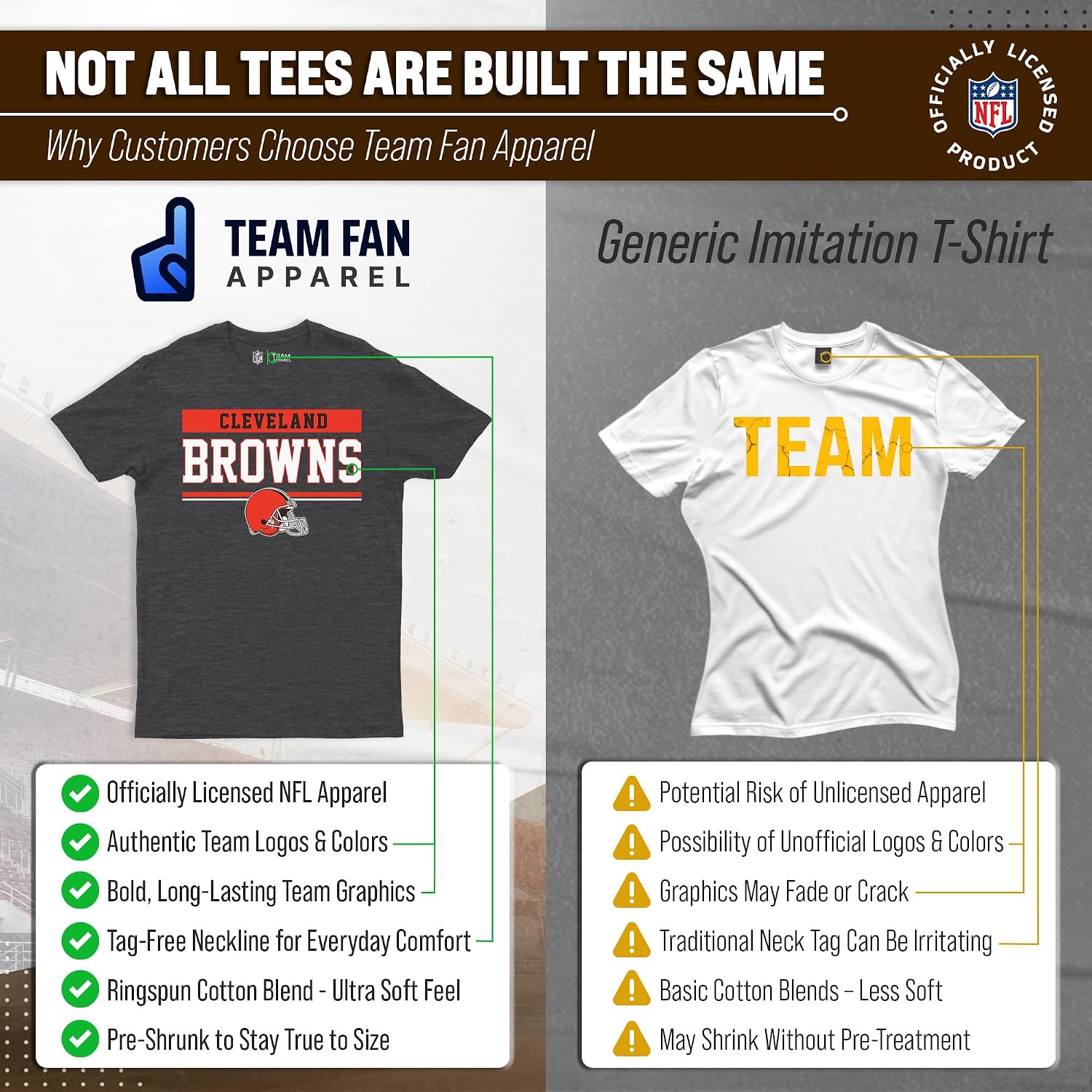 Detalle 2 de NFL Cleveland Browns Charcoal T-Shirt, Tagless Cotton-Blend Unisex Tee