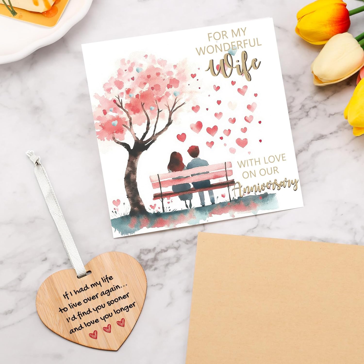 Detalle de Tulolvae Anniversary Card for Wife: Wooden Heart Keepsake with Romantic Greeting