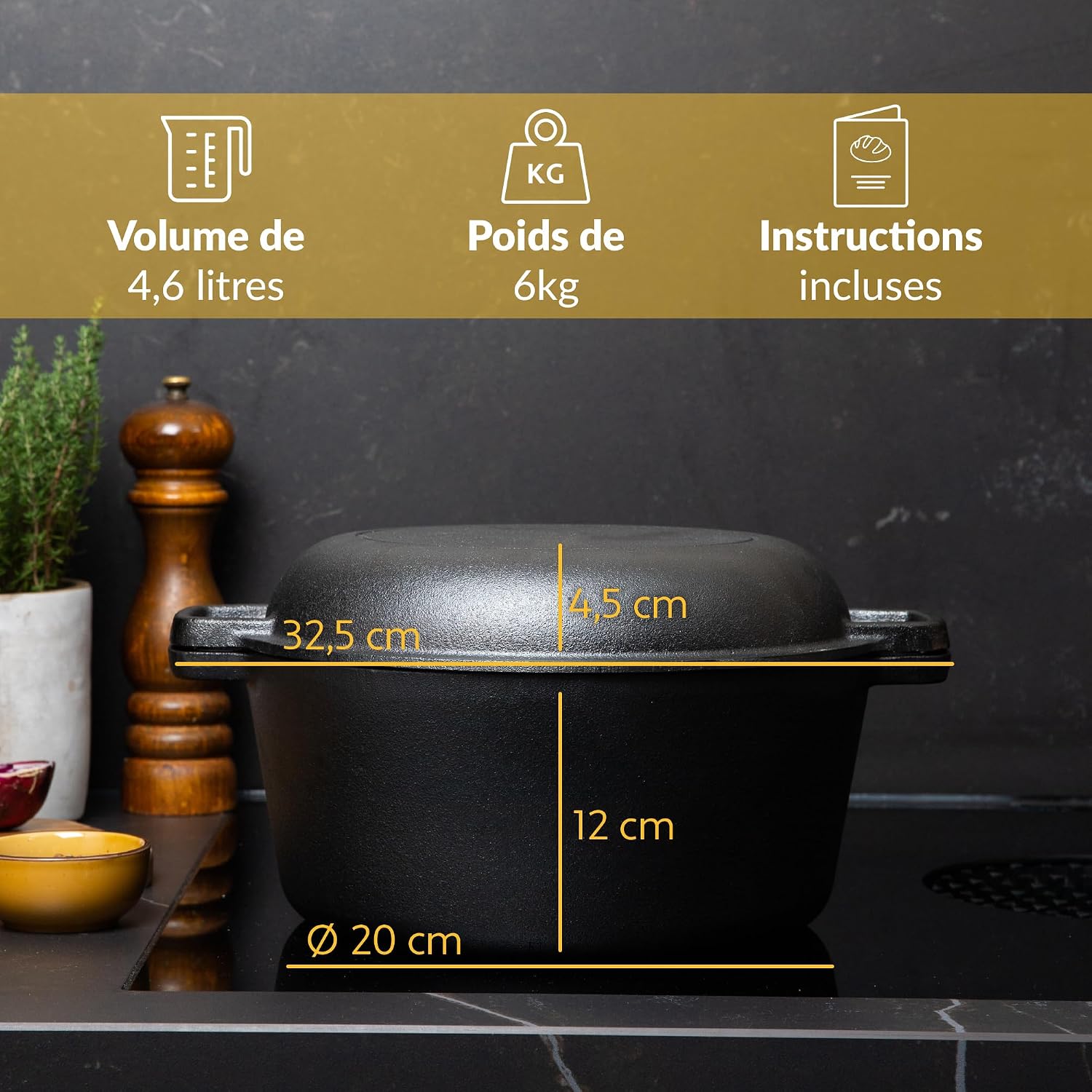 Thumbnail 3 de Chefarone CHEF000054 gietijzeren pan van 26 cm, 4,6 liter, met deksel