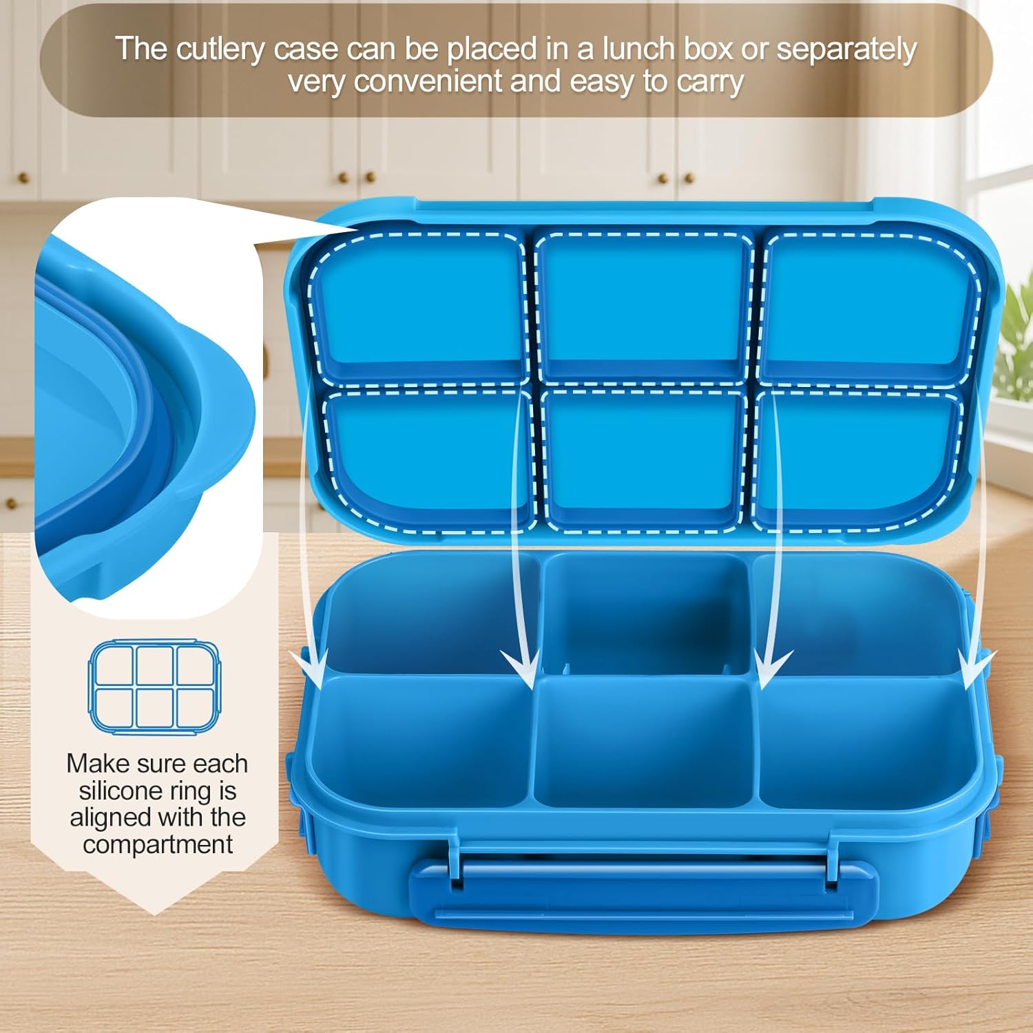 Thumbnail 5 de Amathley Kids & Adults Bento Lunch Box with 6 Compartments, Leakproof Design, Sauce Cup, Picks and Muffin Cups (Blue)