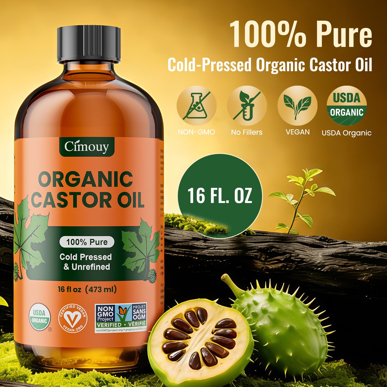 Thumbnail 1 de USDA Organic Hexane-Free Castor Oil in 16oz Dark Amber Glass Bottle (Vegan, EWG Verified)