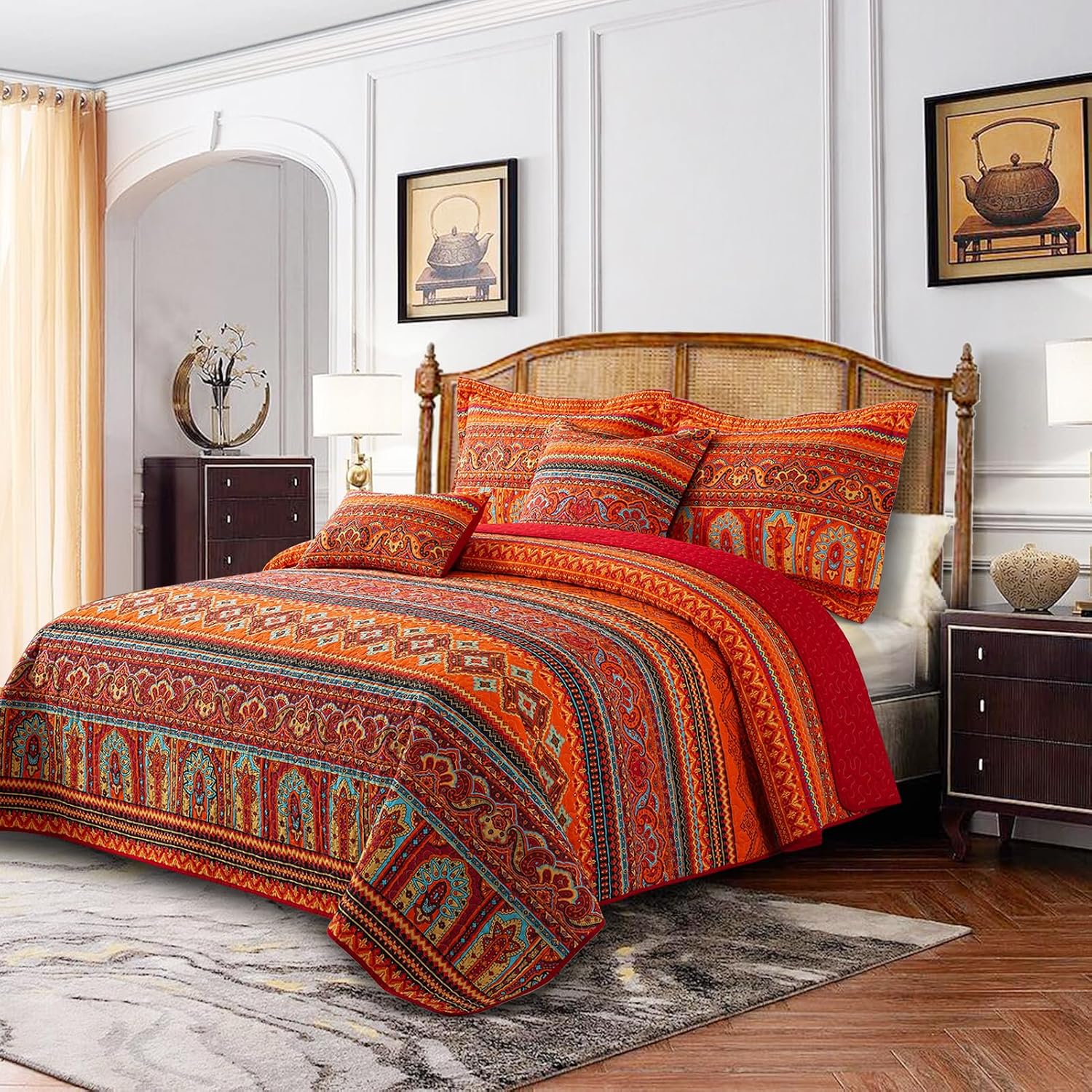 Detalle de BEDIFANY Cotton Quilts Queen Size Set (3-Piece) — Lightweight Boho Stripe Quilt with 2 Pillow Shams